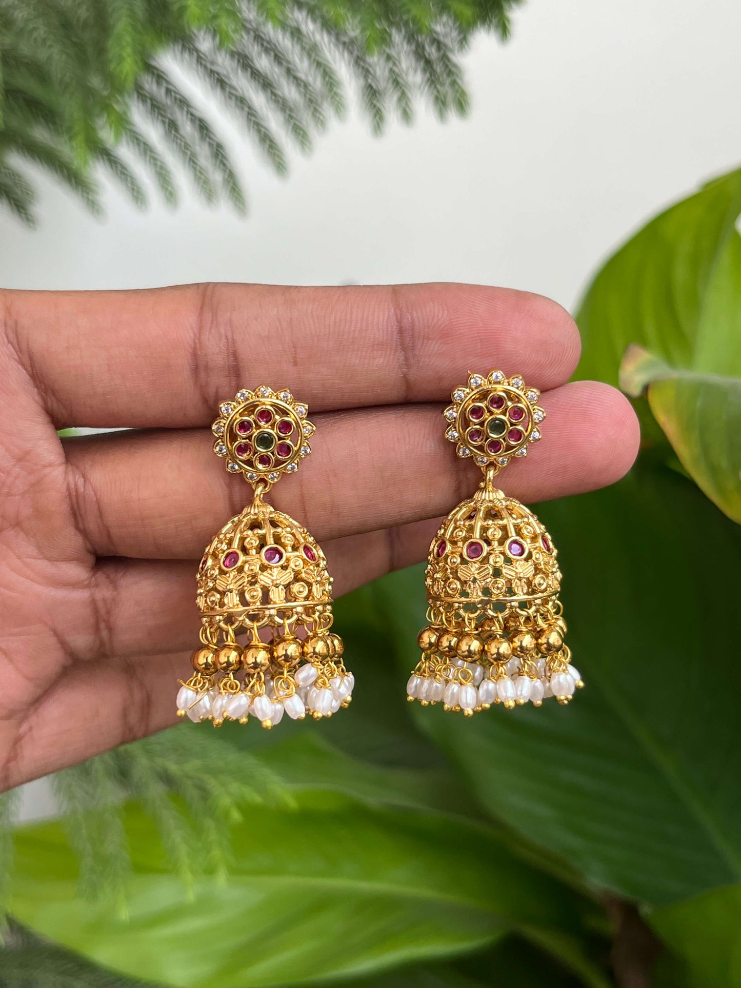 Gold Look Alike Jhumka Earrings with Rice Pearls