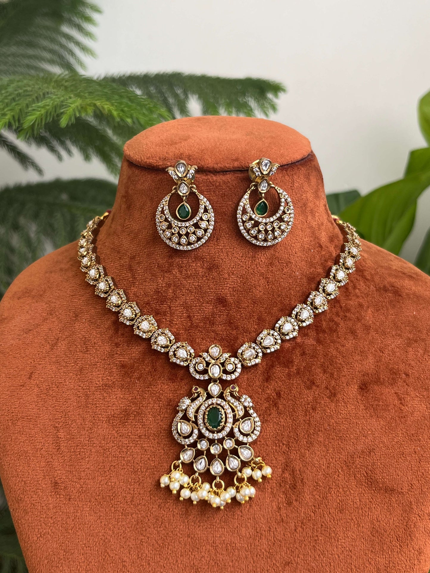Victorian Peacock Necklace Set with Kundan Stones & Pearl Drops