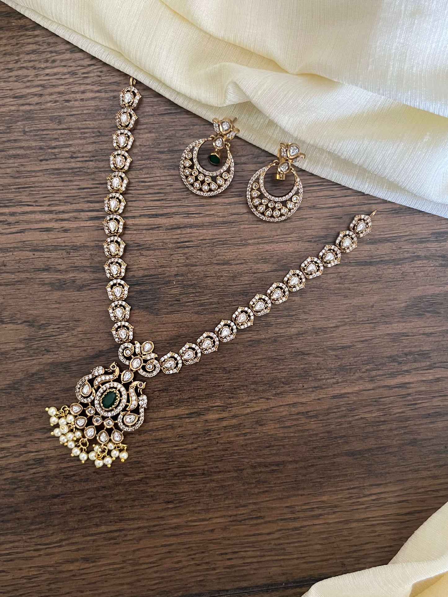 Victorian Peacock Necklace Set with Kundan Stones & Pearl Drops