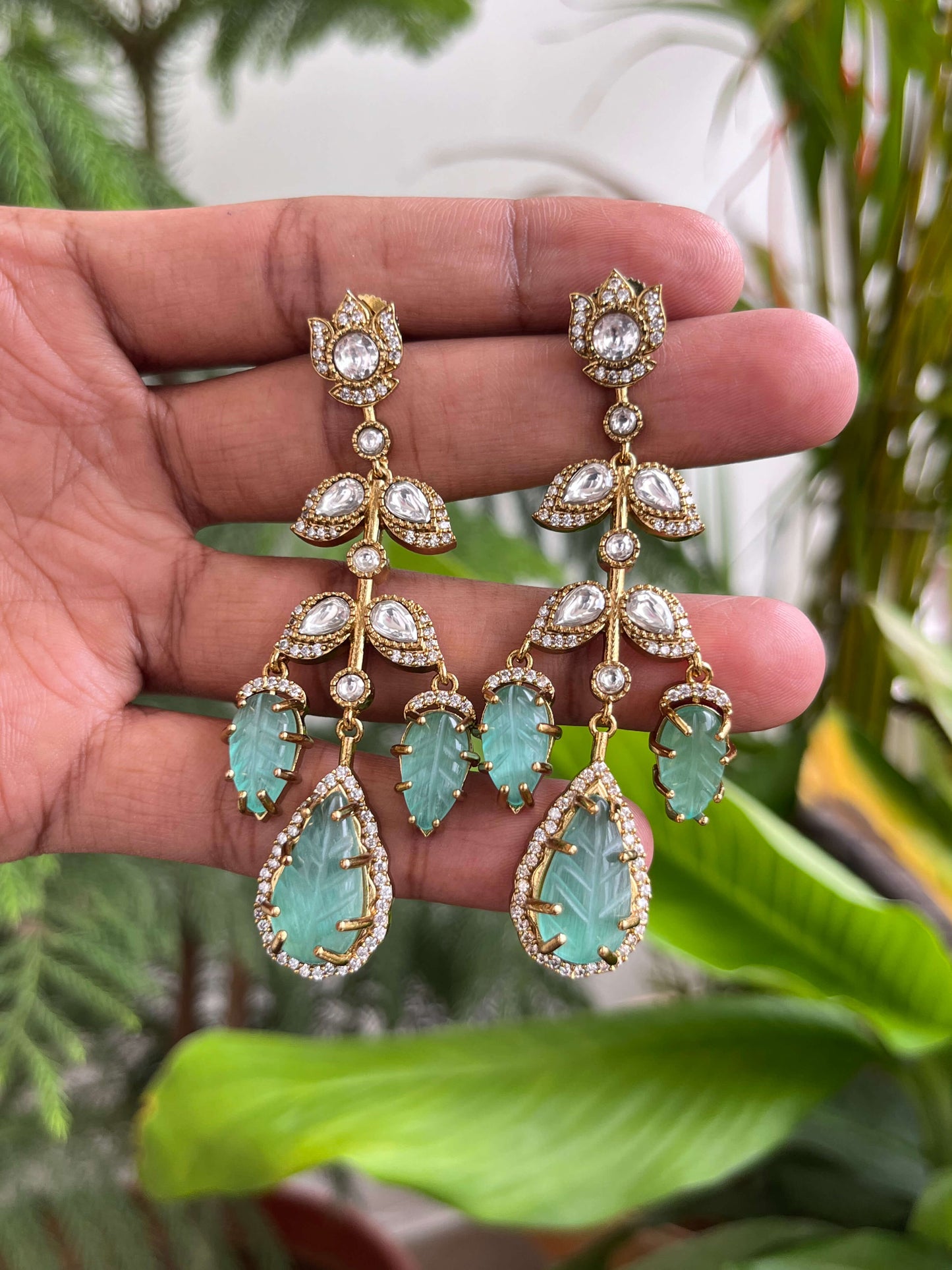 Moissanite Carved Stone Dangler Earrings