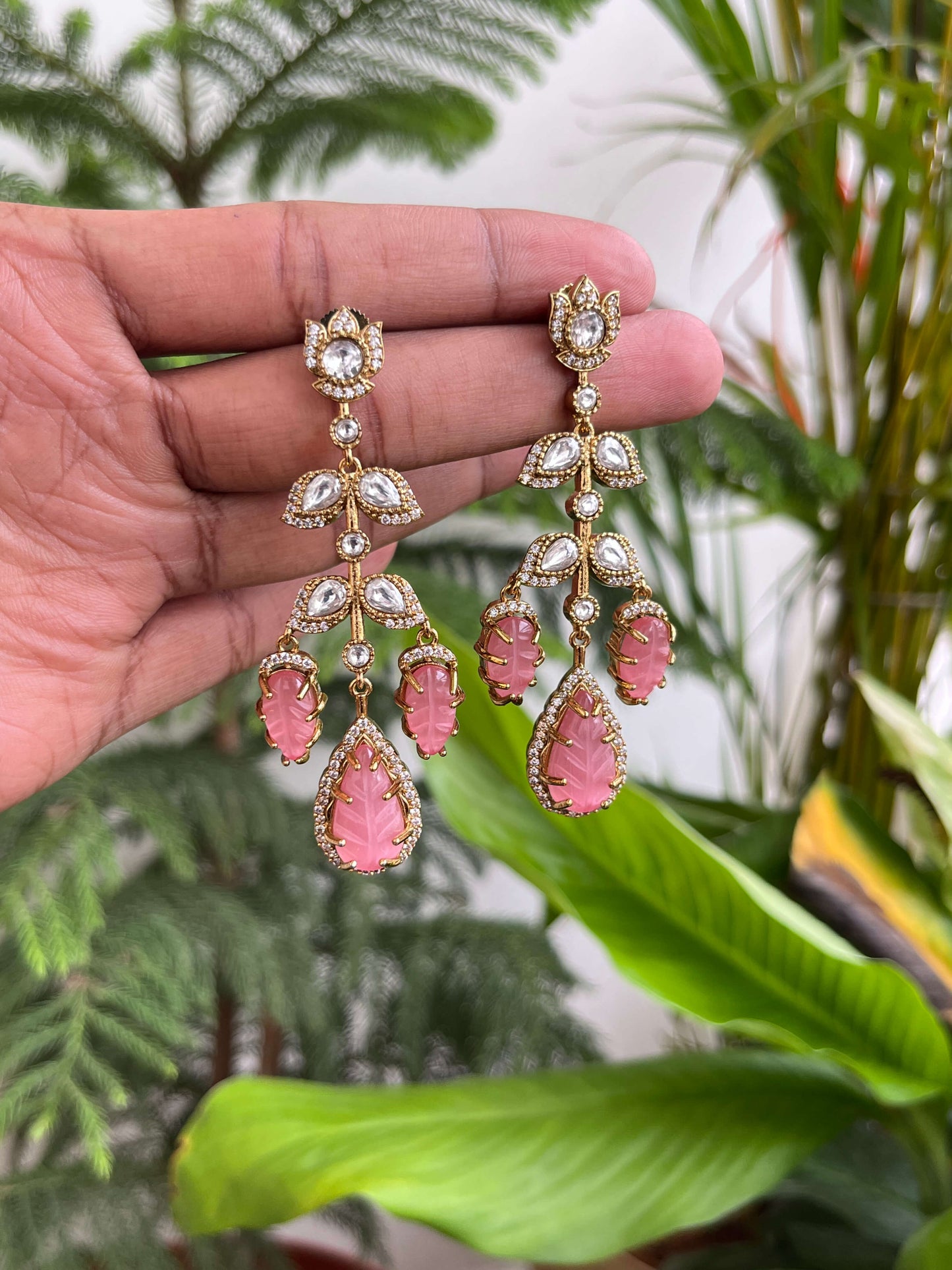 Moissanite Carved Stone Dangler Earrings