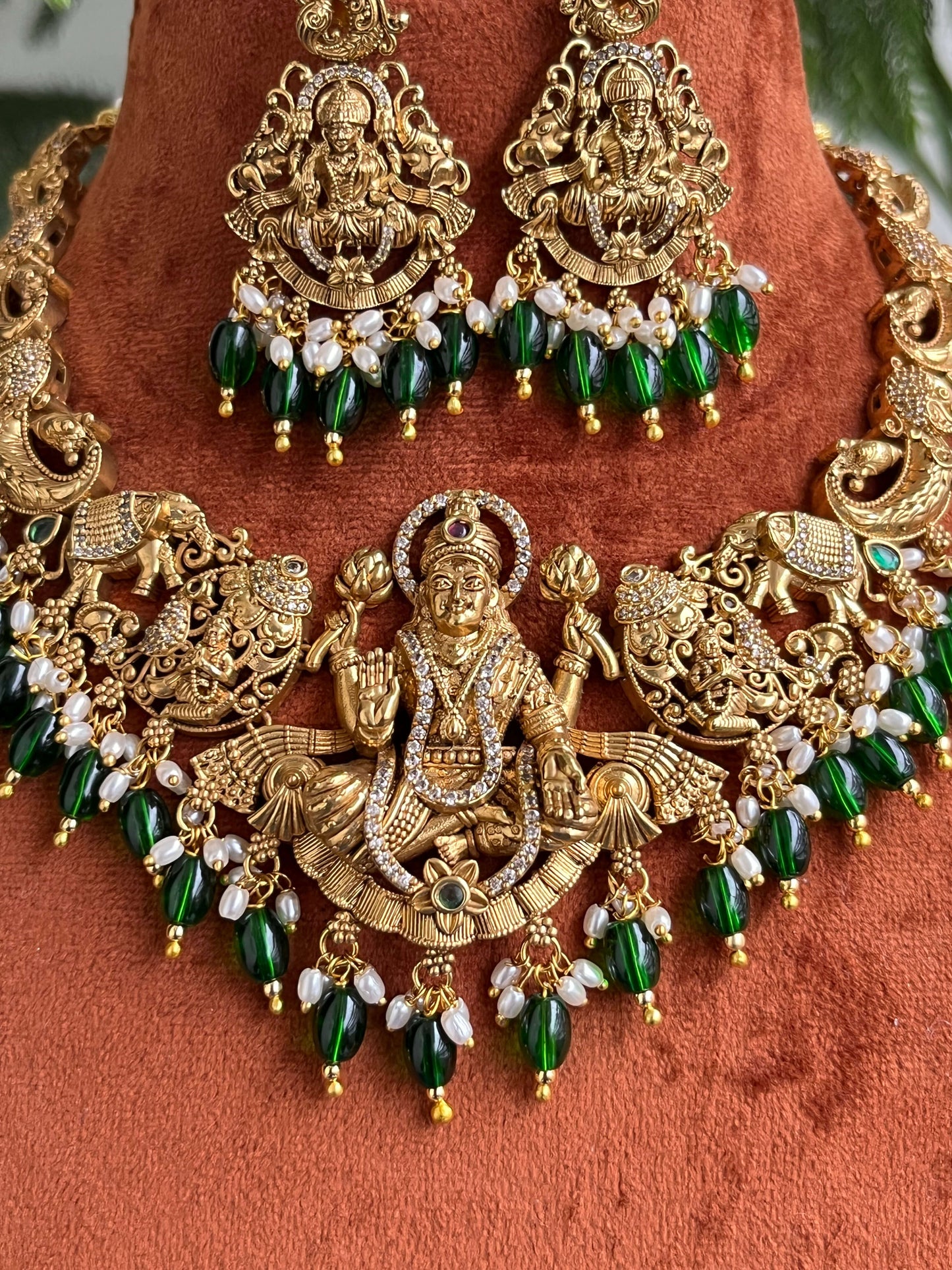 3D Grand Lakshmi Devi Antique Gold Necklace Set with Temple Design & Green Beads