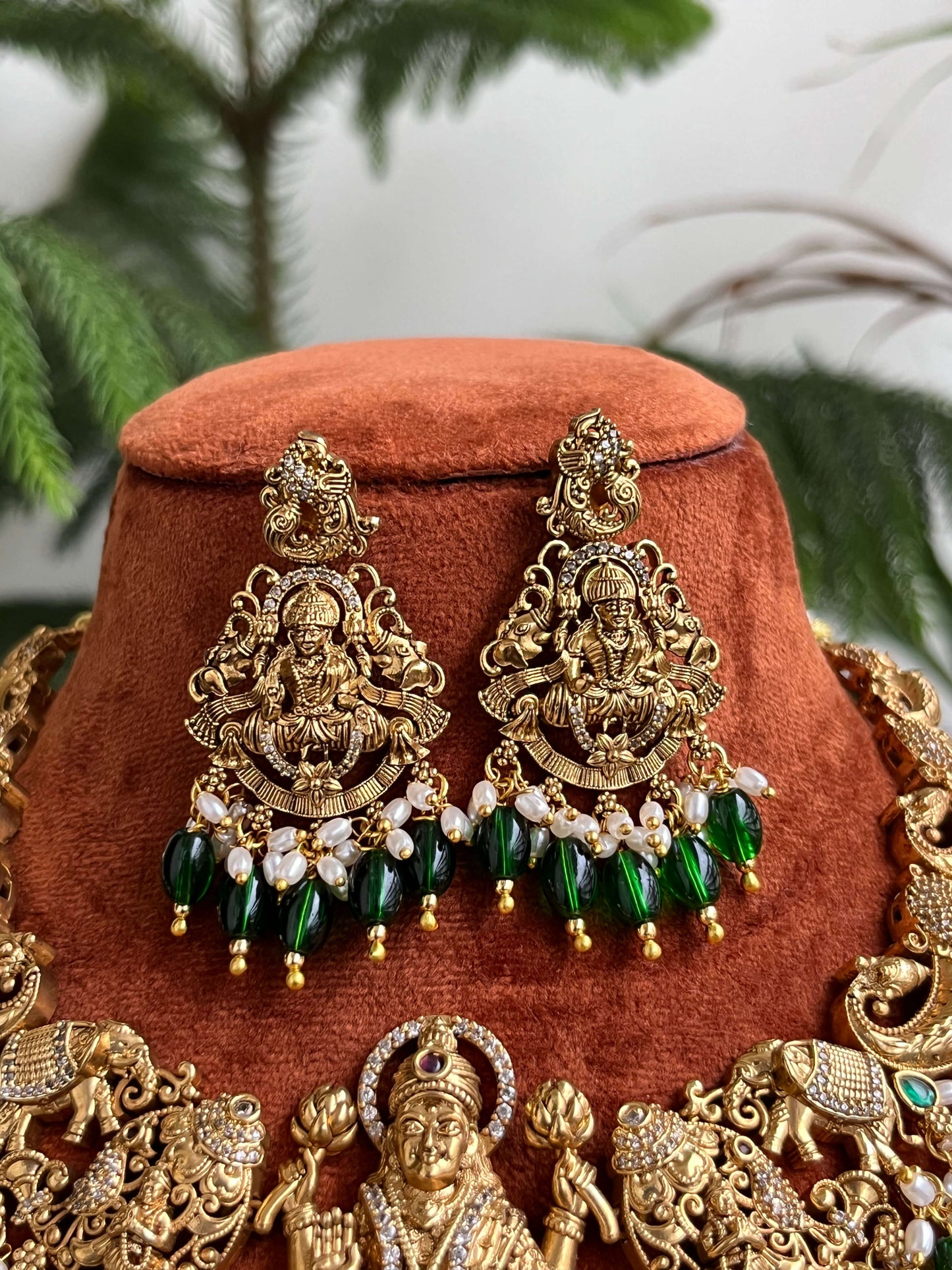 3D Grand Lakshmi Devi Antique Gold Necklace Set with Temple Design & Green Beads