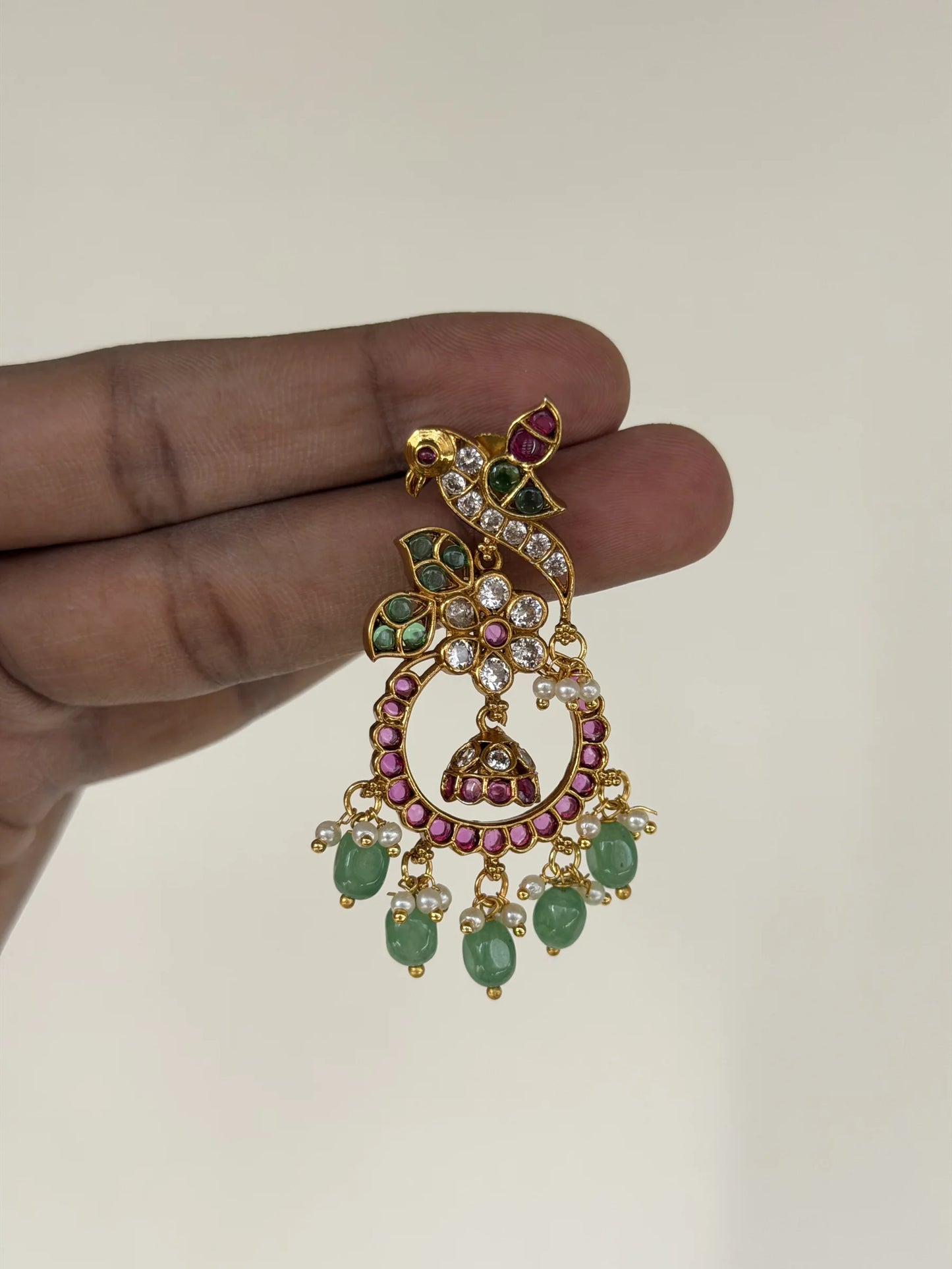 Parrot Green Pearl Chaandbali Jhumka Earrings