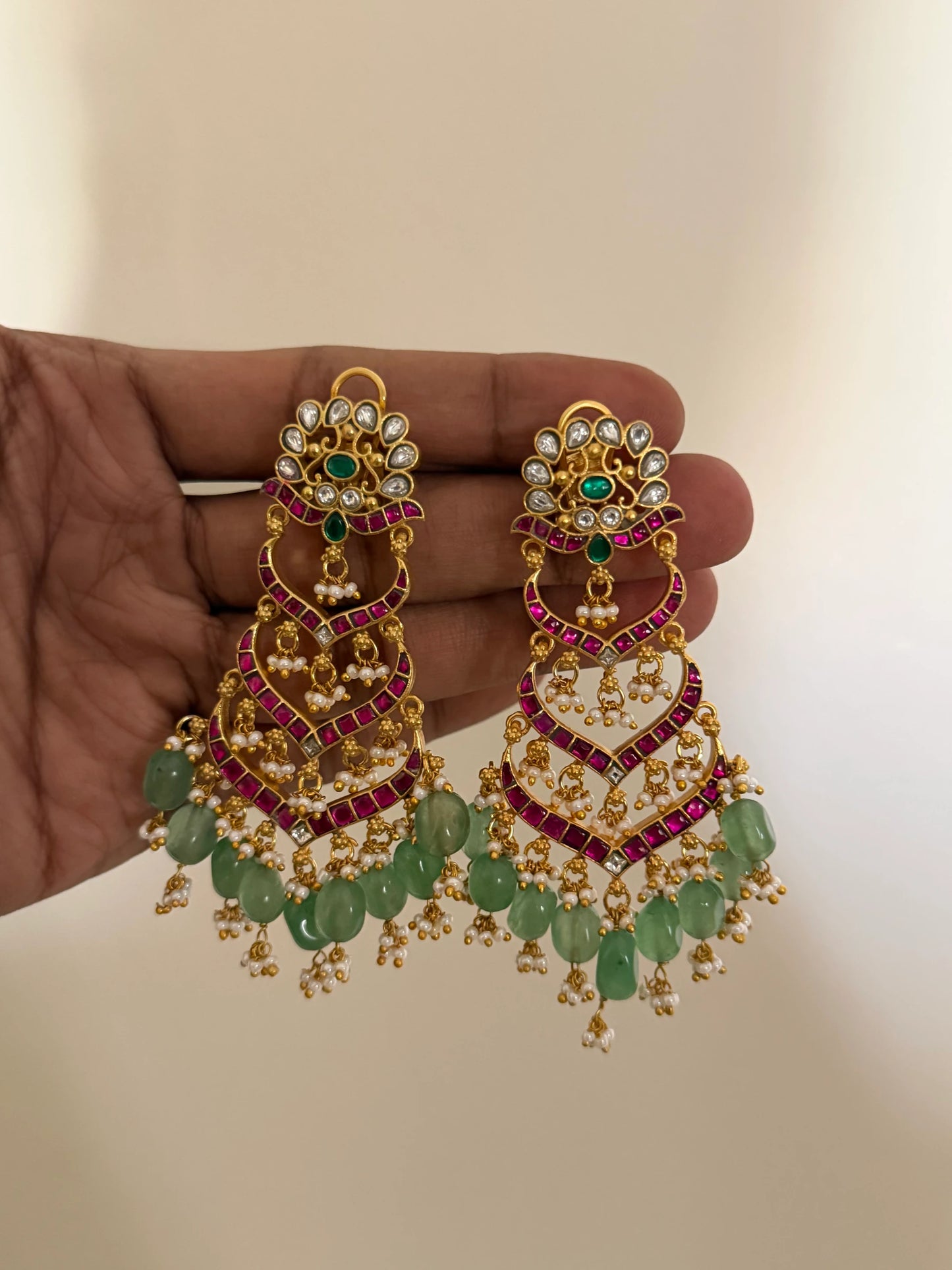 Bridal Jadau Chaandbali Earrings with Green Drops
