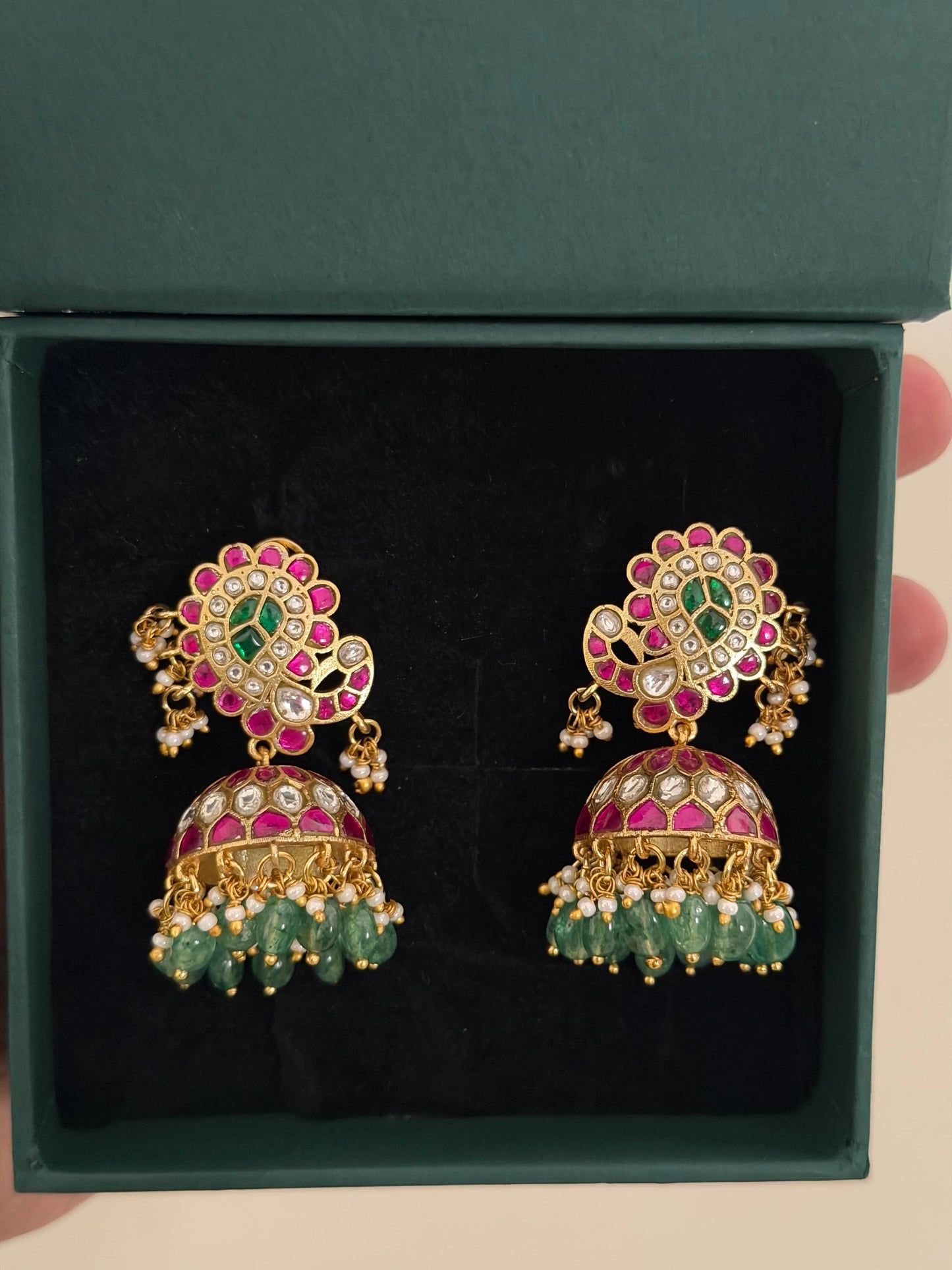 Green Bead Jadau Jhumka Earrings
