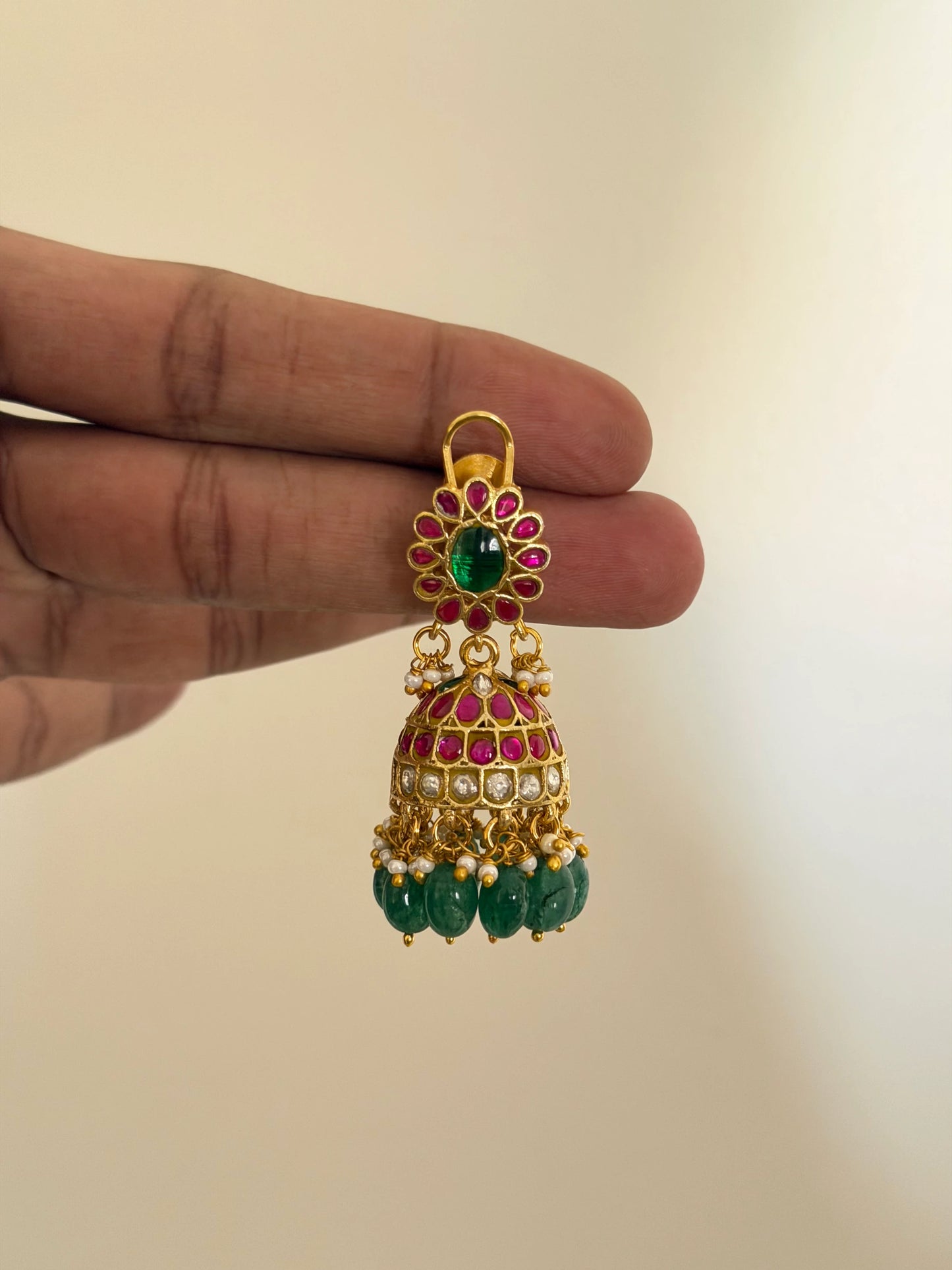 Jadau Kundan Petite Jhumka Earrings with Green Beads