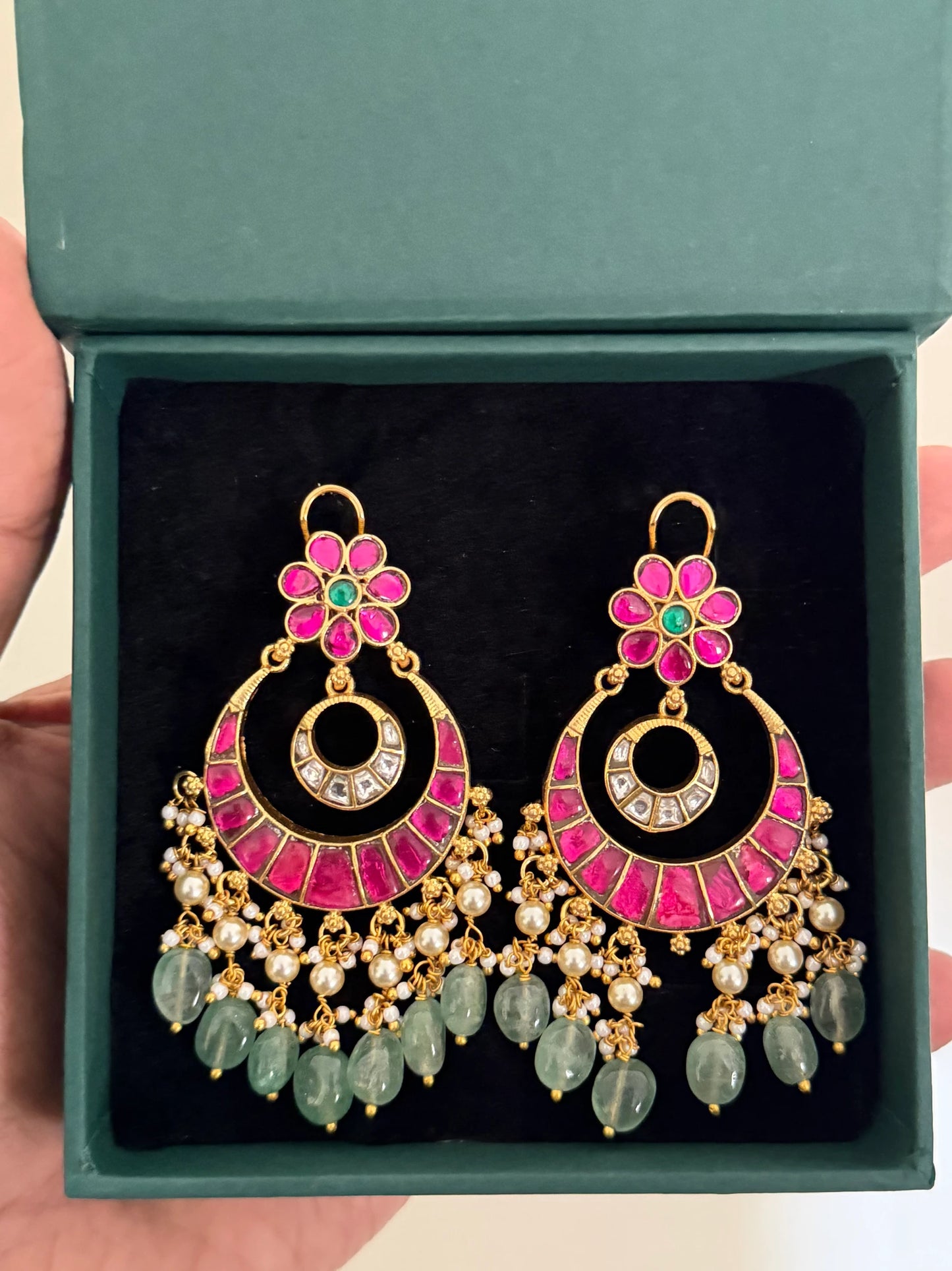 Jadau Kundan Chandbali Earrings with Pearl Drops