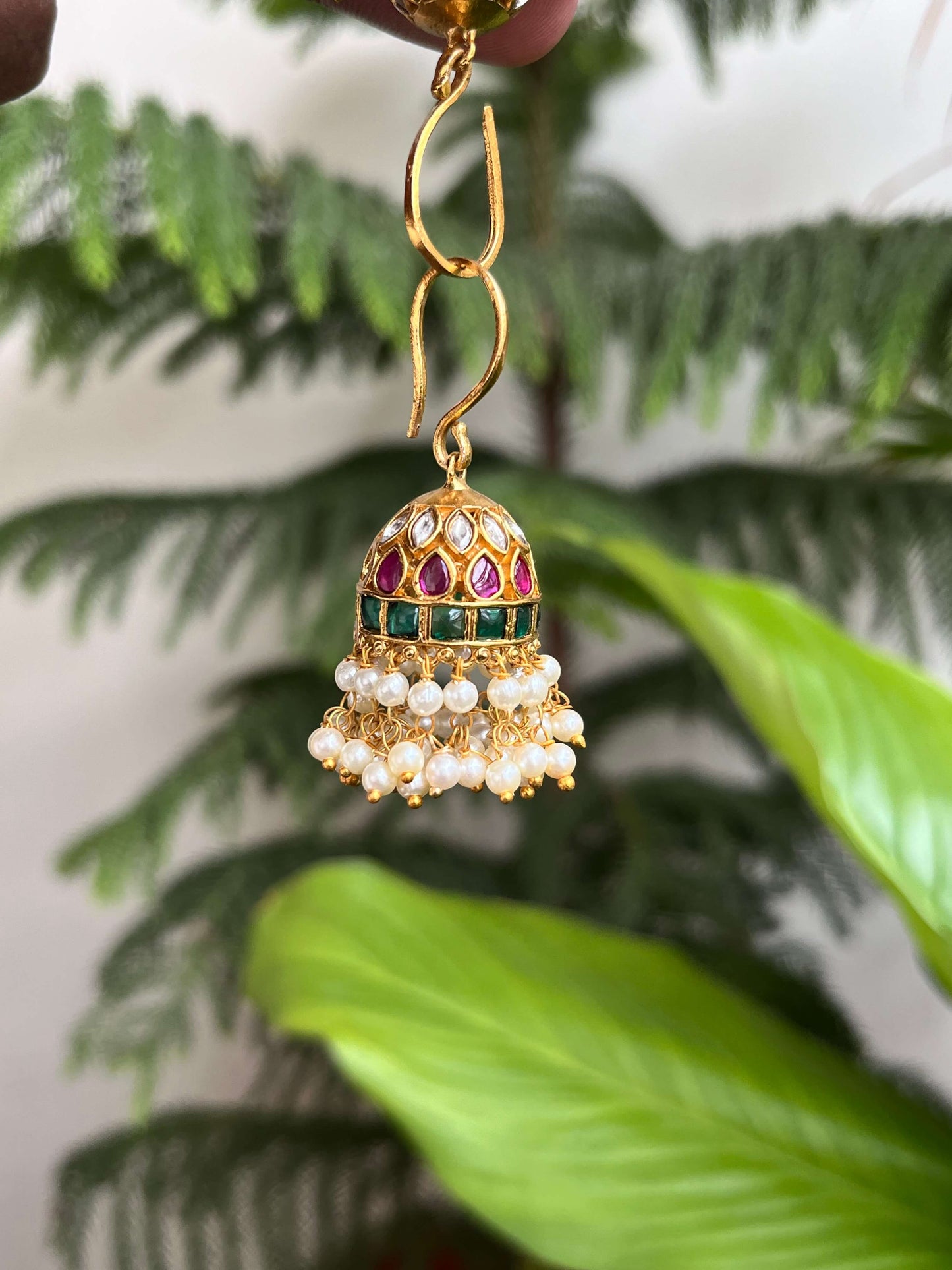 Kemp Hook Jhumka Earrings with Pearls | Traditional South Indian Temple Jewelry | Ruby & Green Stone Jhumkis