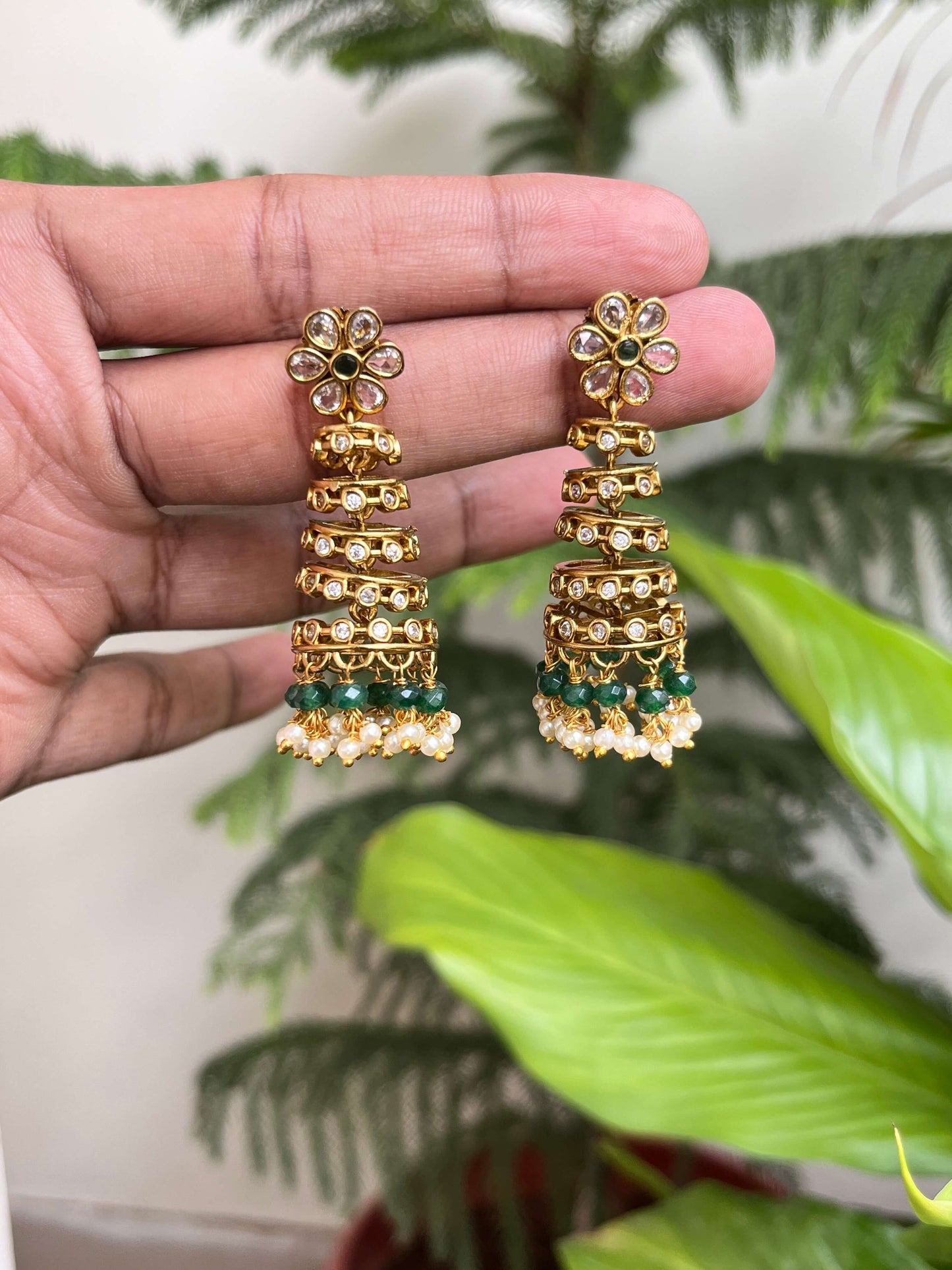 Layered Step Earrings | Traditional Jhumka Style in Green & Pink | Party & Wedding Jewelry