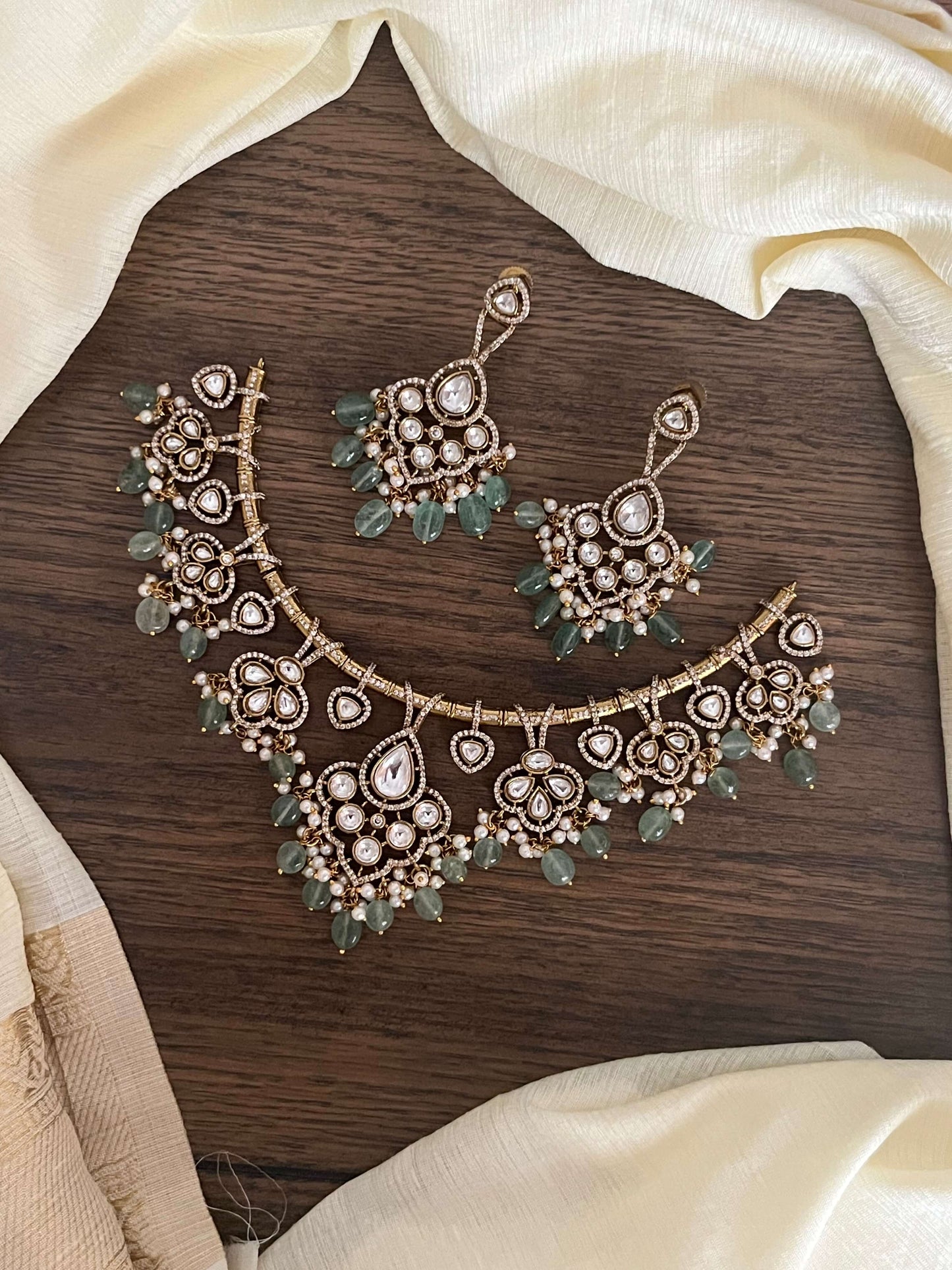 Kundan Necklace Set with Earrings | Green Beads & Pearl Choker | Wedding & Party Jewelry for Women