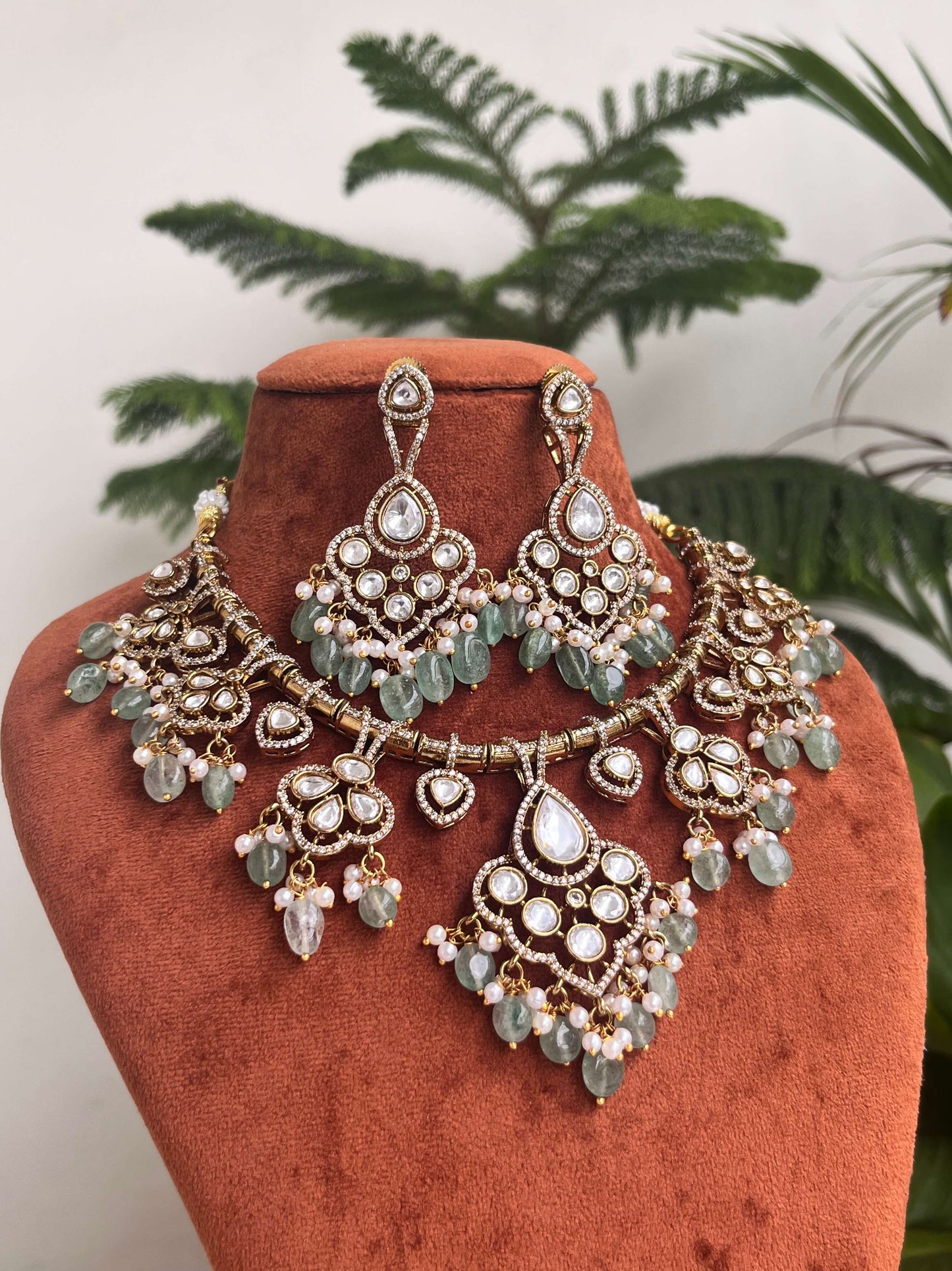 Kundan Necklace Set with Earrings | Green Beads & Pearl Choker | Wedding & Party Jewelry for Women