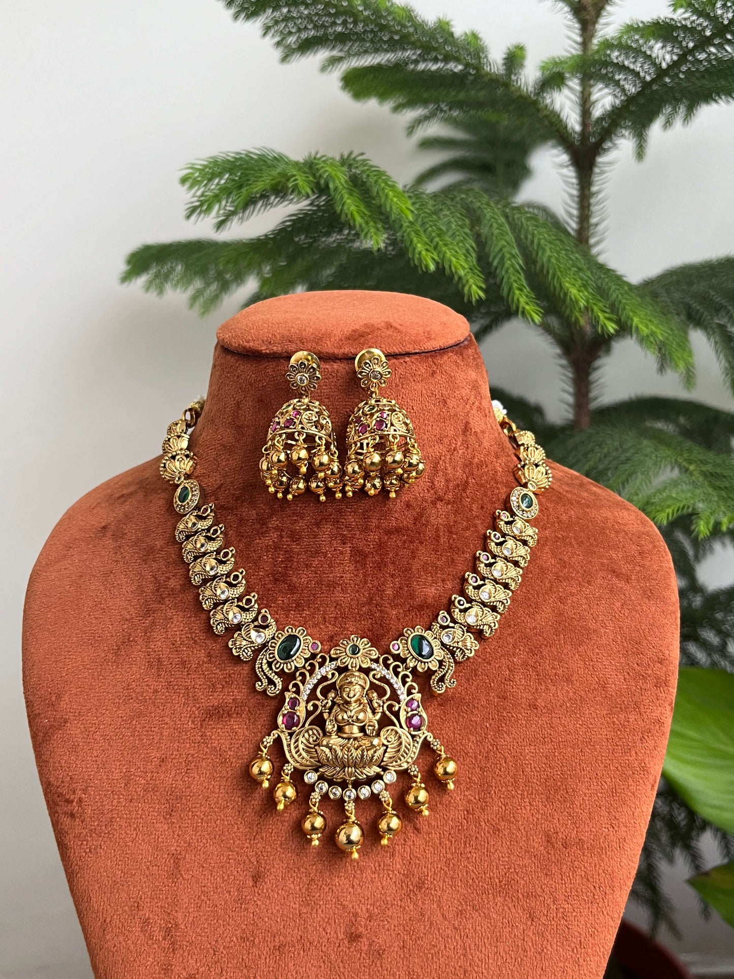 Lakshmi Devi Necklace Set with Jhumkas – Traditional South Indian Jewelry