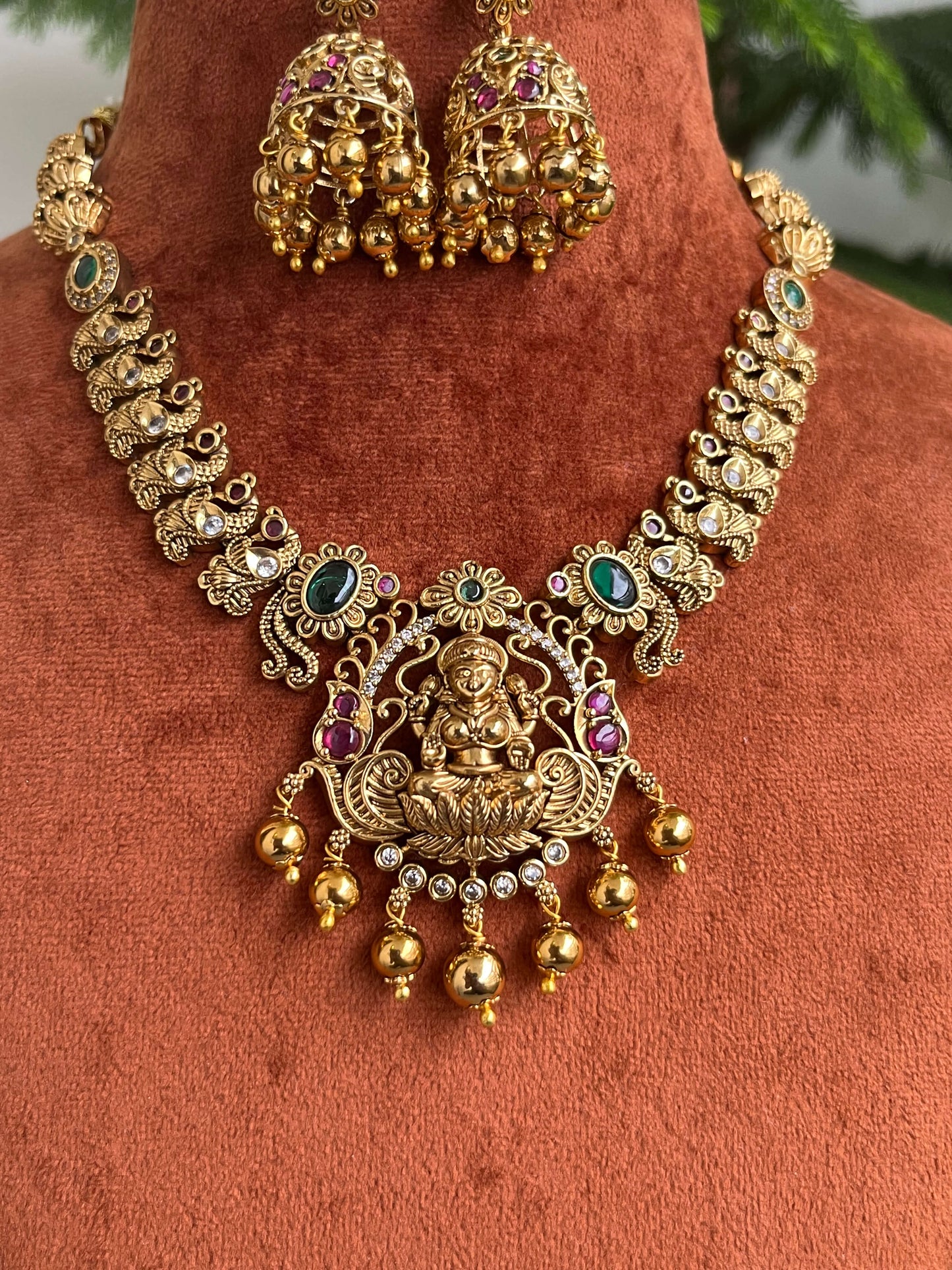 Lakshmi Devi Necklace Set with Jhumkas – Traditional South Indian Jewelry