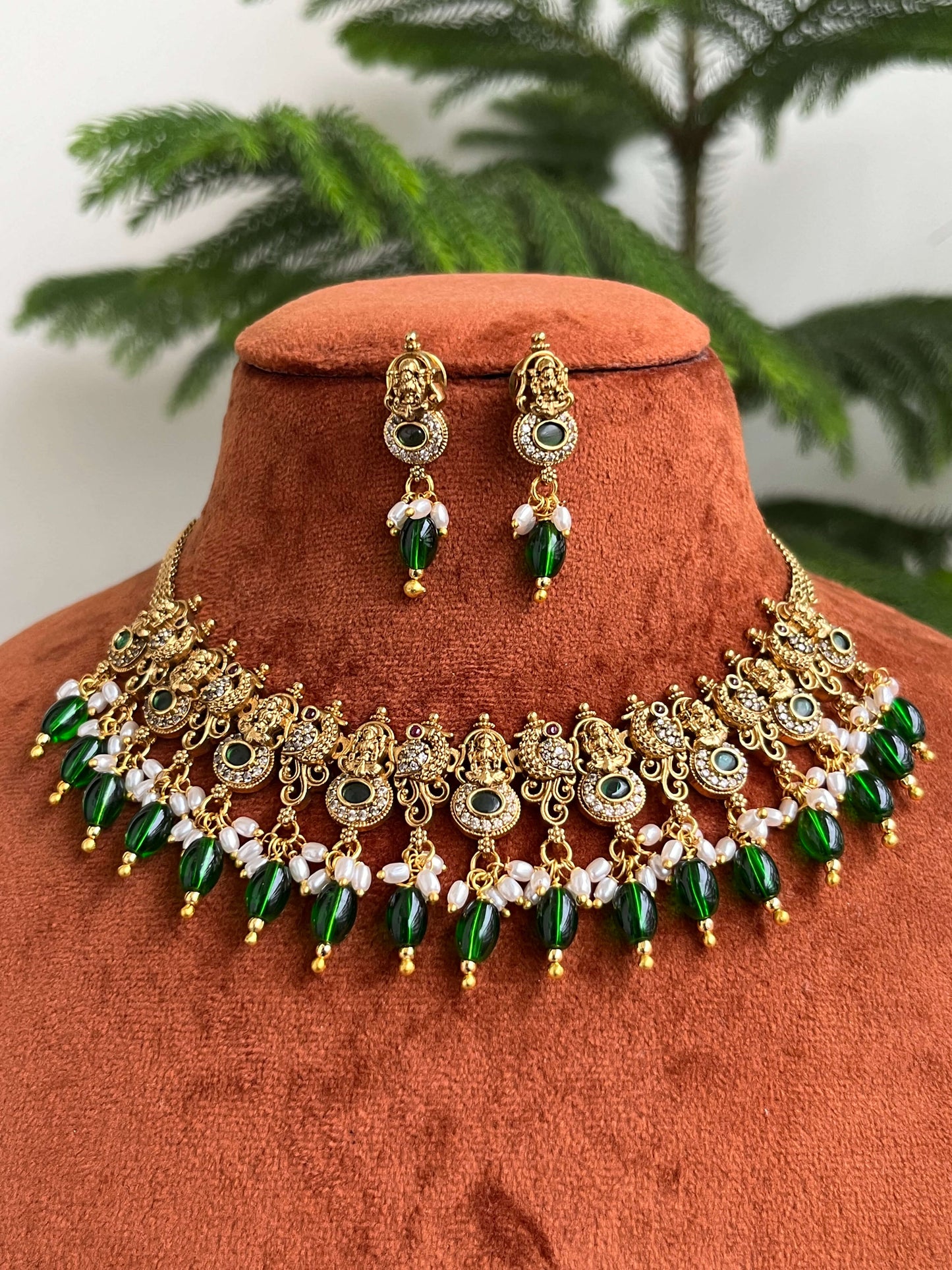 Lakshmi Temple Choker Necklace Set with Earrings – Available in Green & Pink | Traditional South Indian Jewelry