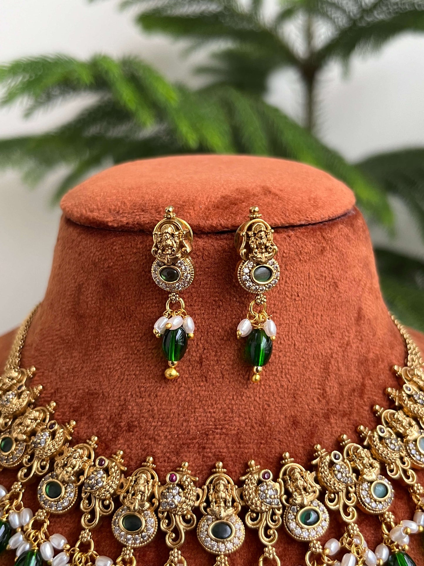 Lakshmi Temple Choker Necklace Set with Earrings – Available in Green & Pink | Traditional South Indian Jewelry