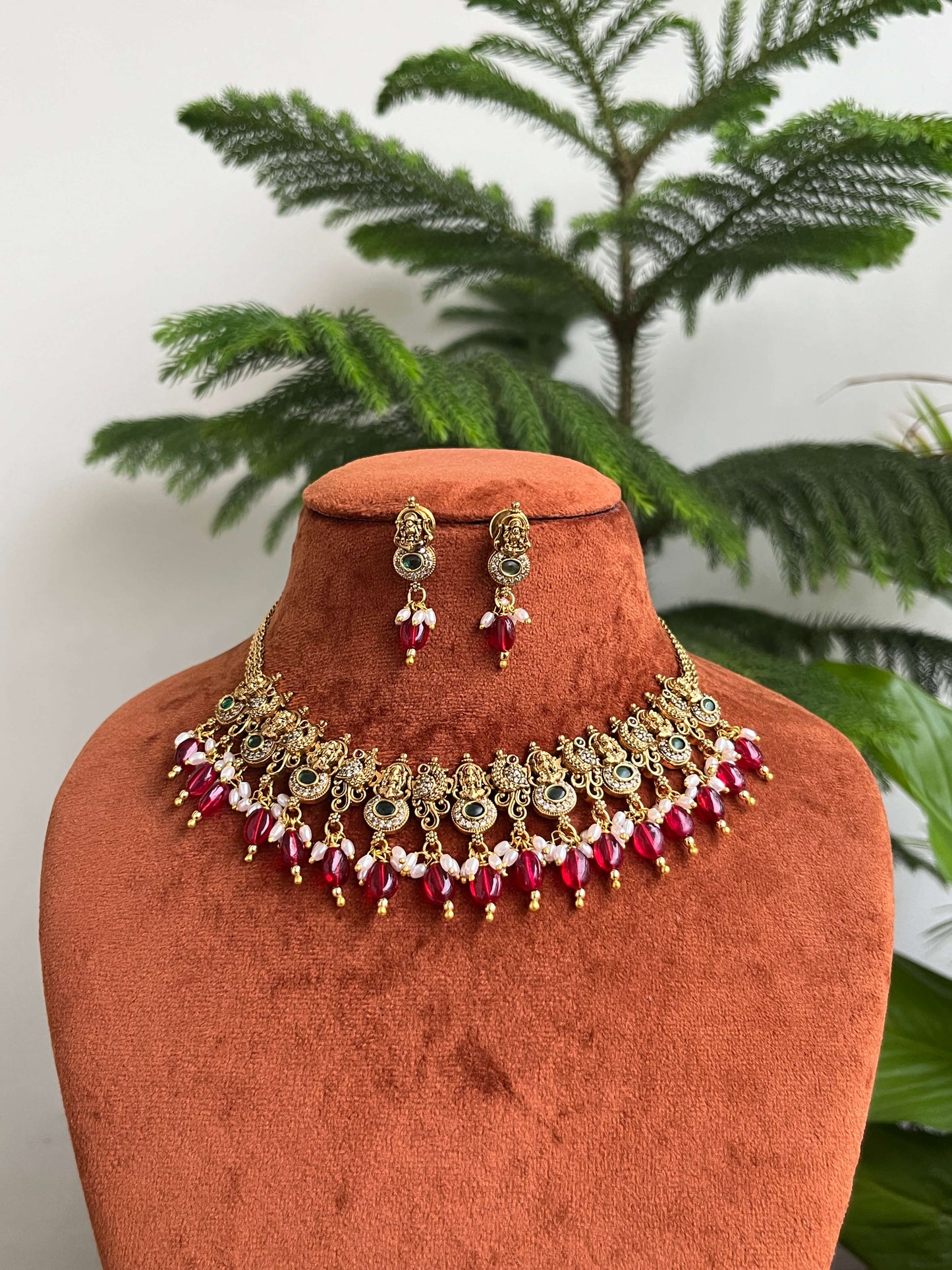 Lakshmi Temple Choker Necklace Set with Earrings – Available in Green & Pink | Traditional South Indian Jewelry