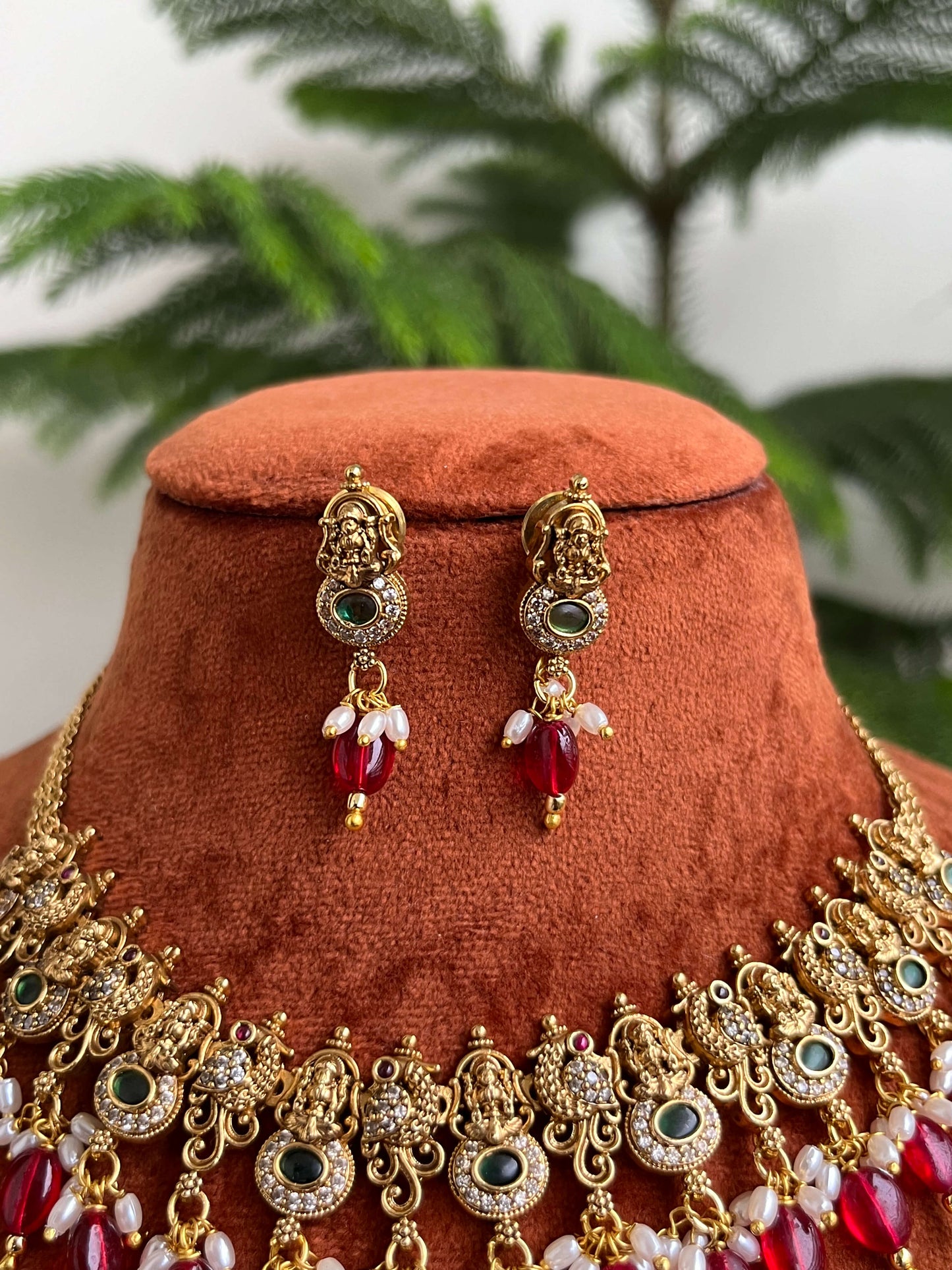 Lakshmi Temple Choker Necklace Set with Earrings – Available in Golden, Green & Pink | Traditional South Indian Jewelry