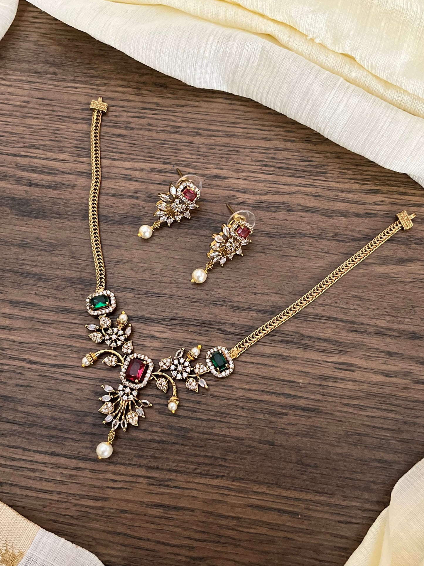 Ruby & Emerald CZ Sleek Necklace Set with Earrings