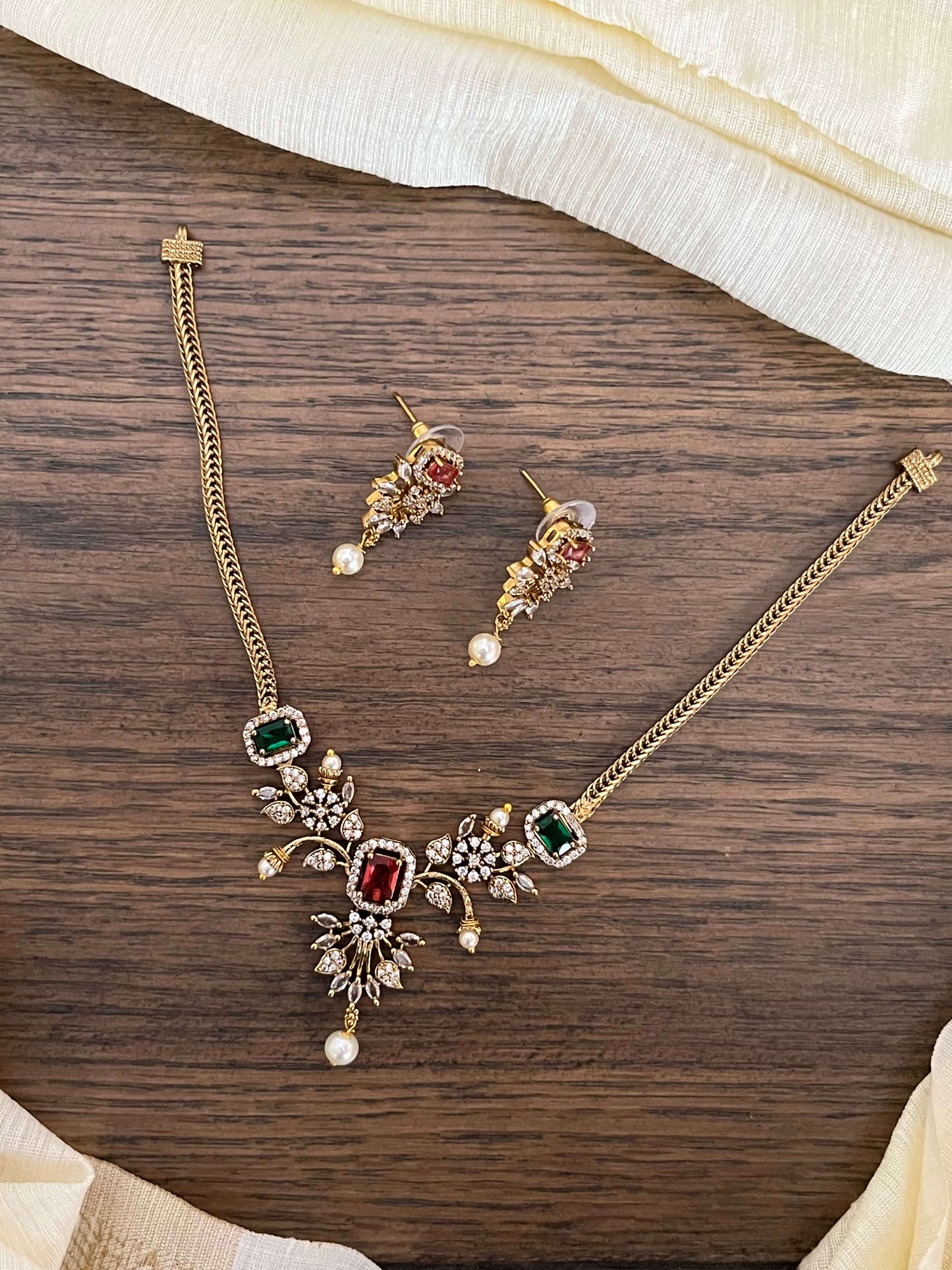Ruby & Emerald CZ Sleek Necklace Set with Earrings