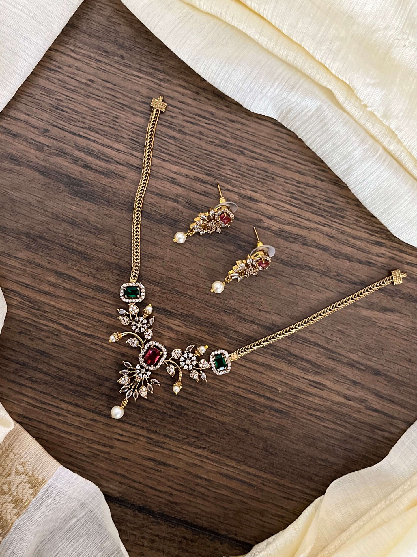 Ruby & Emerald CZ Sleek Necklace Set with Earrings