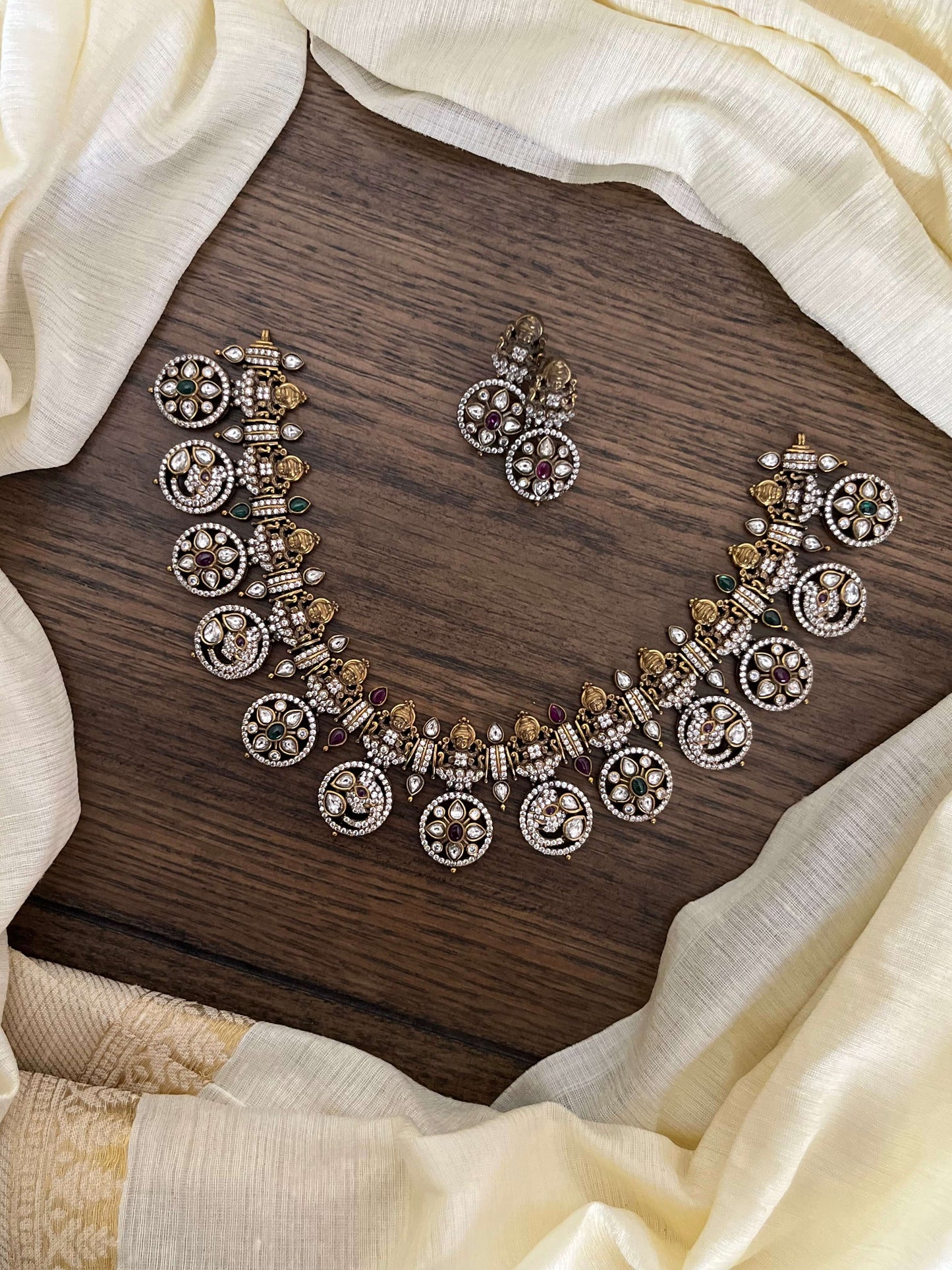 Rustic Victorian Lakshmi Devi Bottu Mala | Kundan, Emerald & Red Stone Temple Necklace
