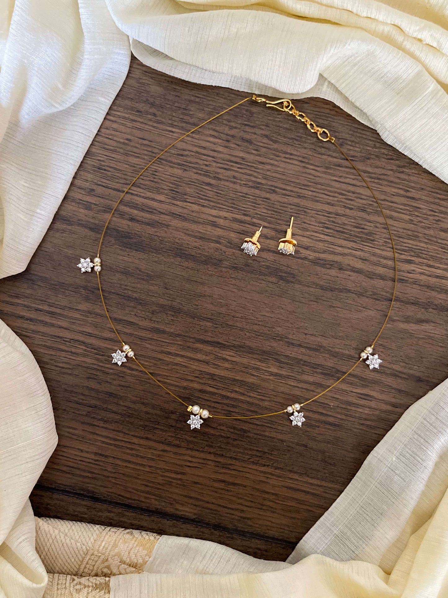Invisible Chain Necklace with Star Charms & Matching Studs