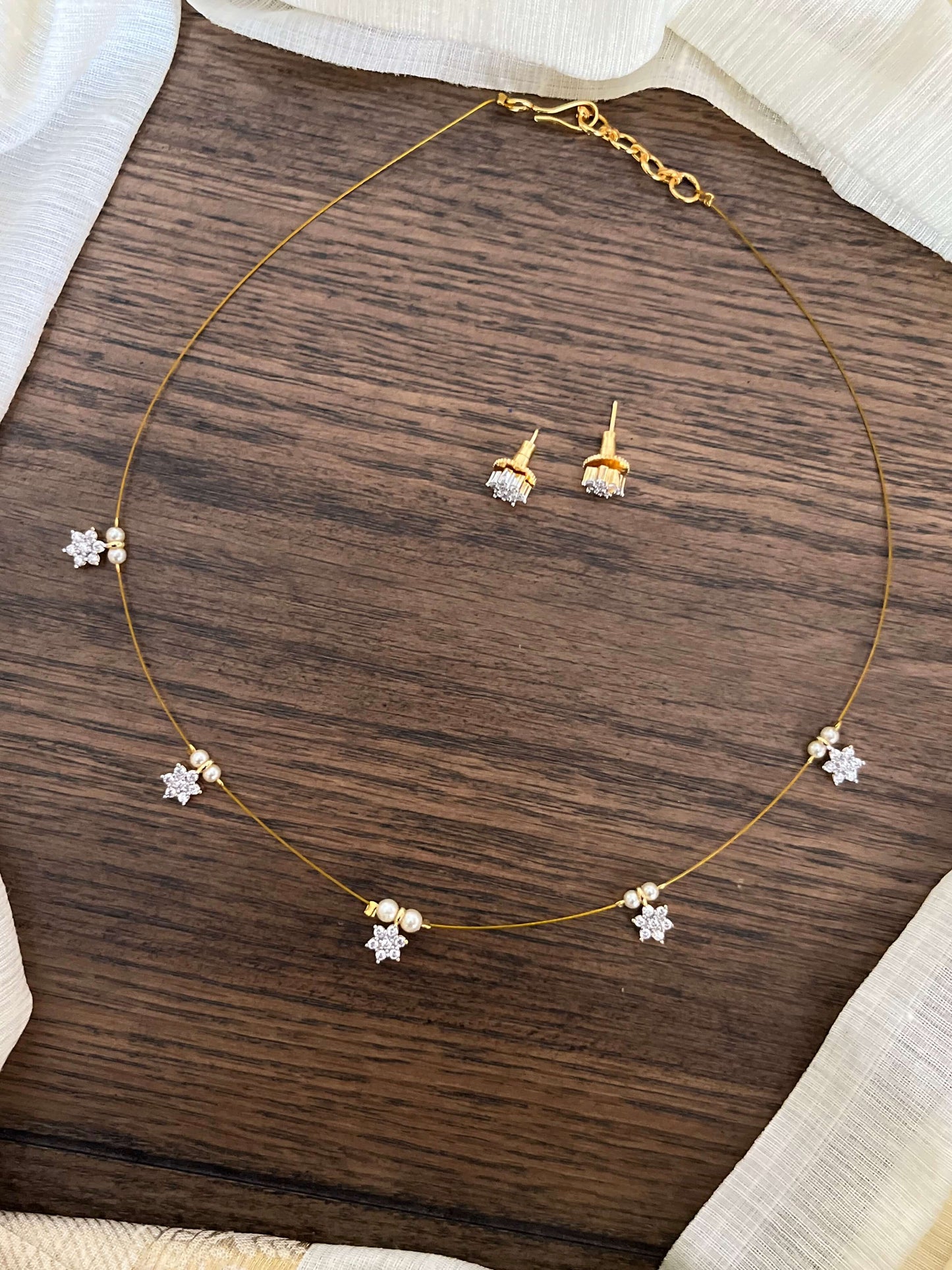 Invisible Chain Necklace with Star Charms & Matching Studs
