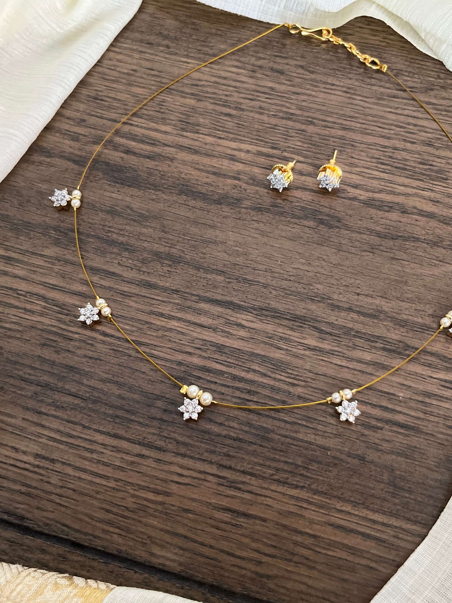 Invisible Chain Necklace with Star Charms & Matching Studs