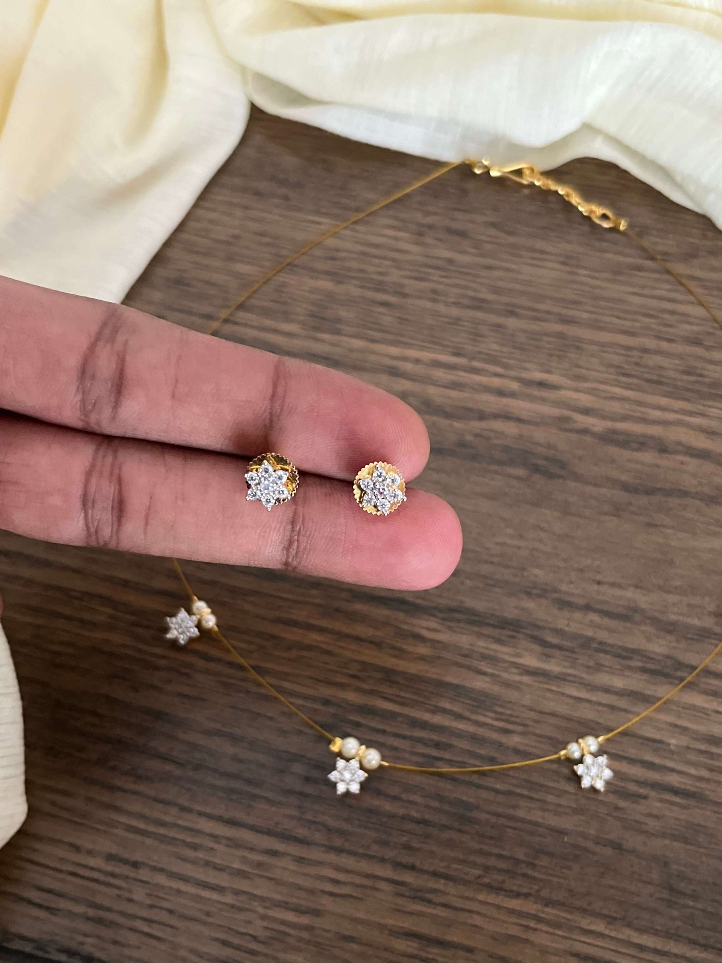 Invisible Chain Necklace with Star Charms & Matching Studs