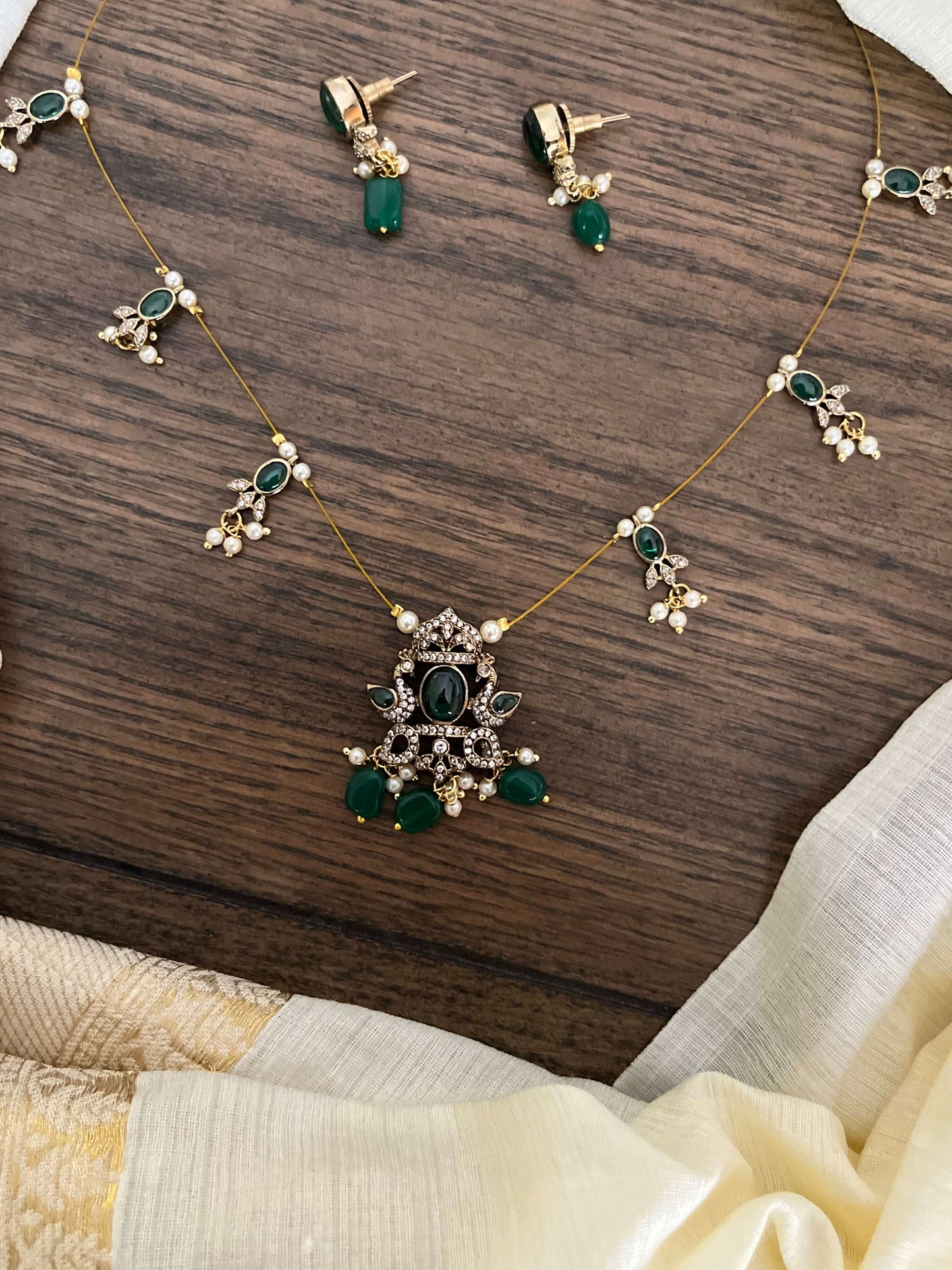 Victorian Peacock Motif Invisible Chain Necklace Set with Earrings – Green & Purple Variants
