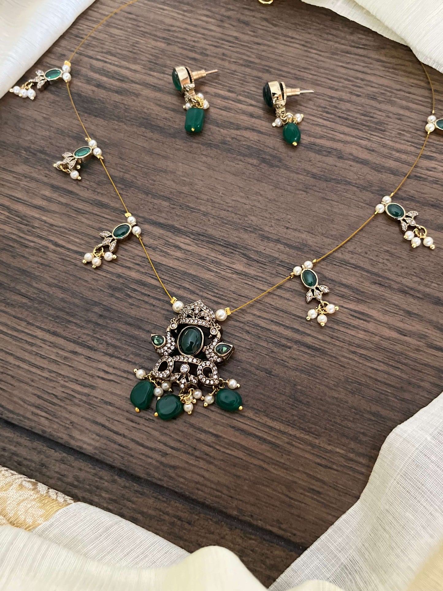 Victorian Peacock Motif Invisible Chain Necklace Set with Earrings – Green & Purple Variants