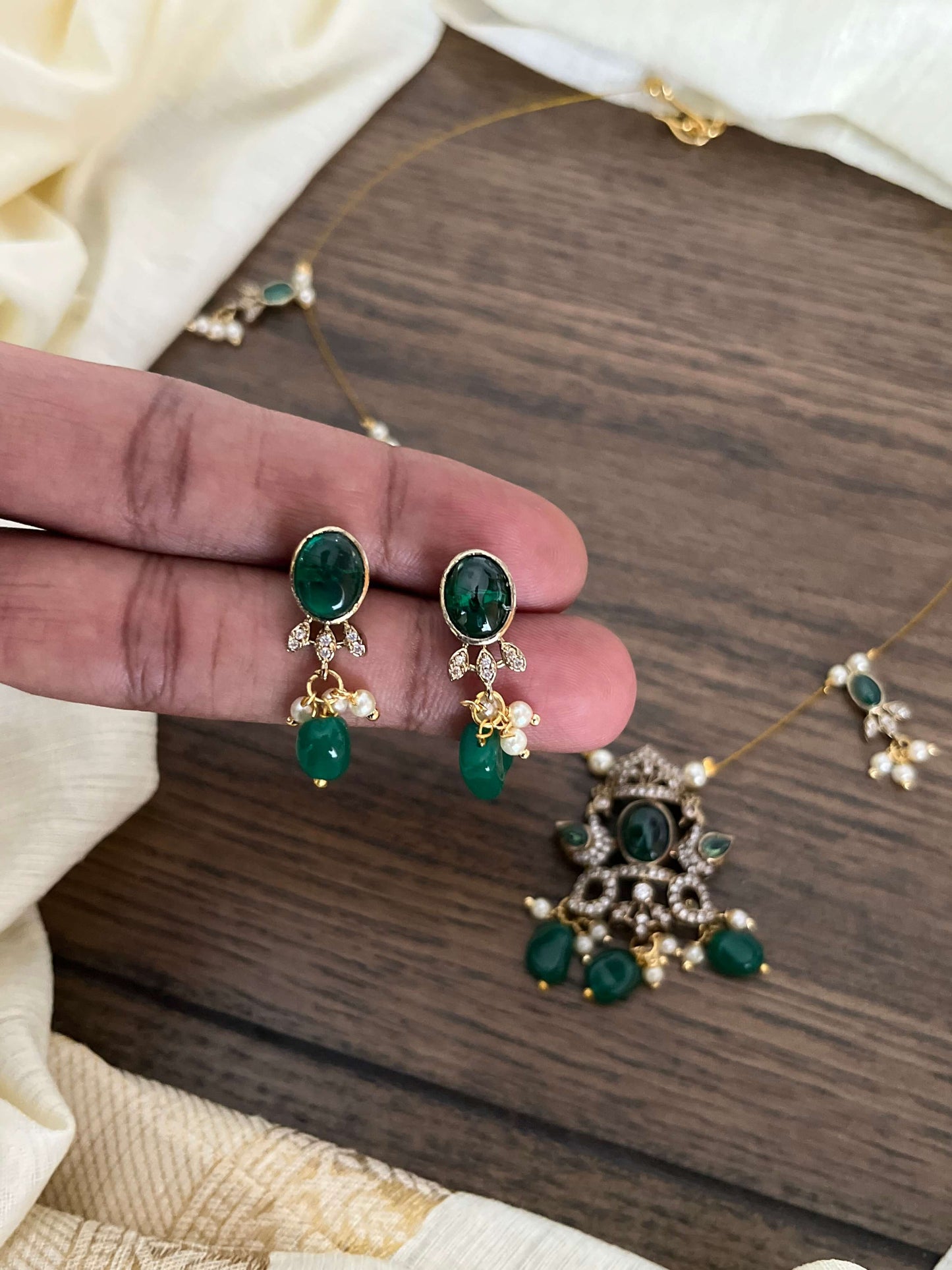 Victorian Peacock Motif Invisible Chain Necklace Set with Earrings – Green & Purple Variants