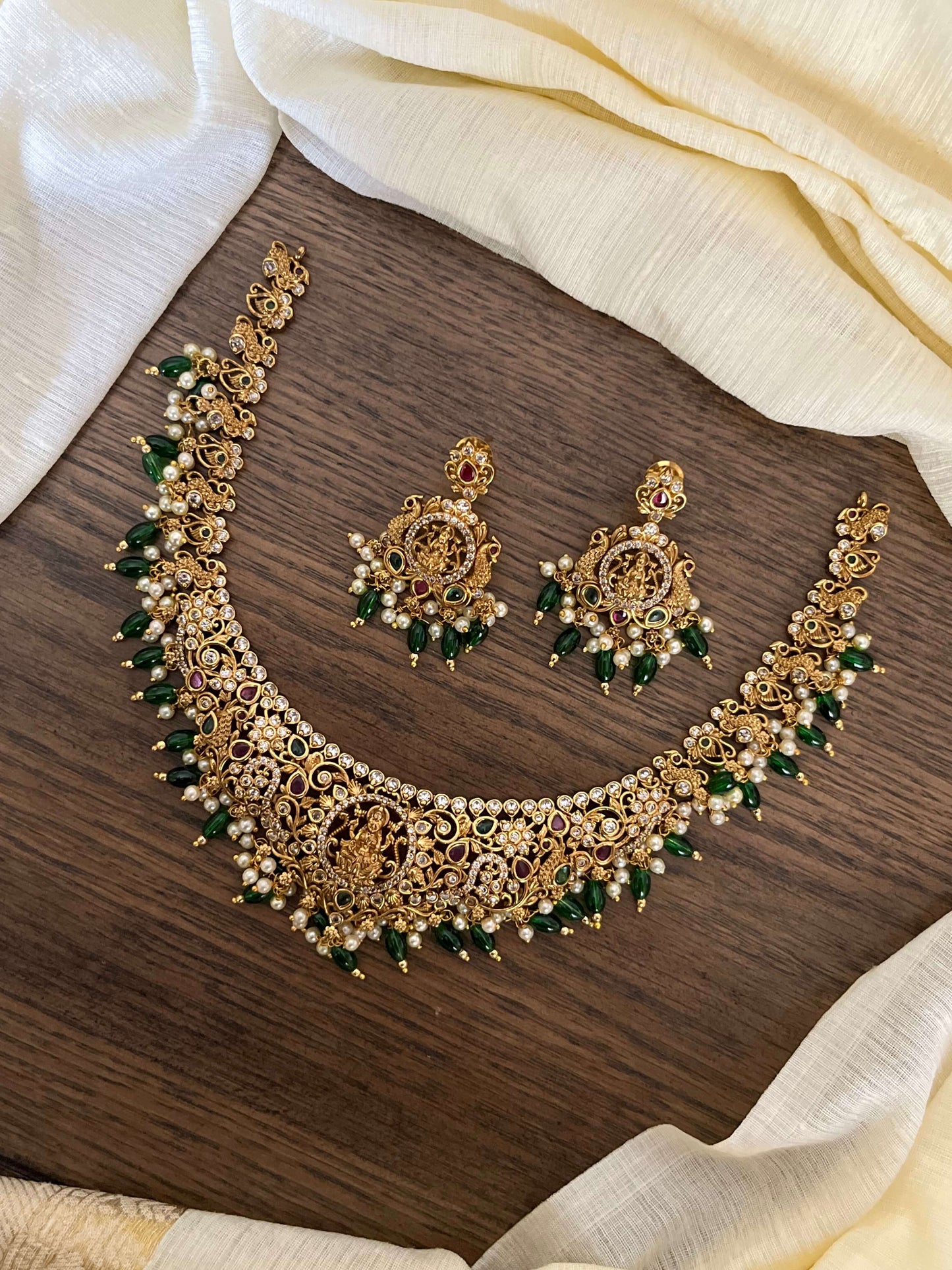 Semi-Bridal Temple Short Necklace with Lakshmi Motif, Kundan Stones & Green Beads