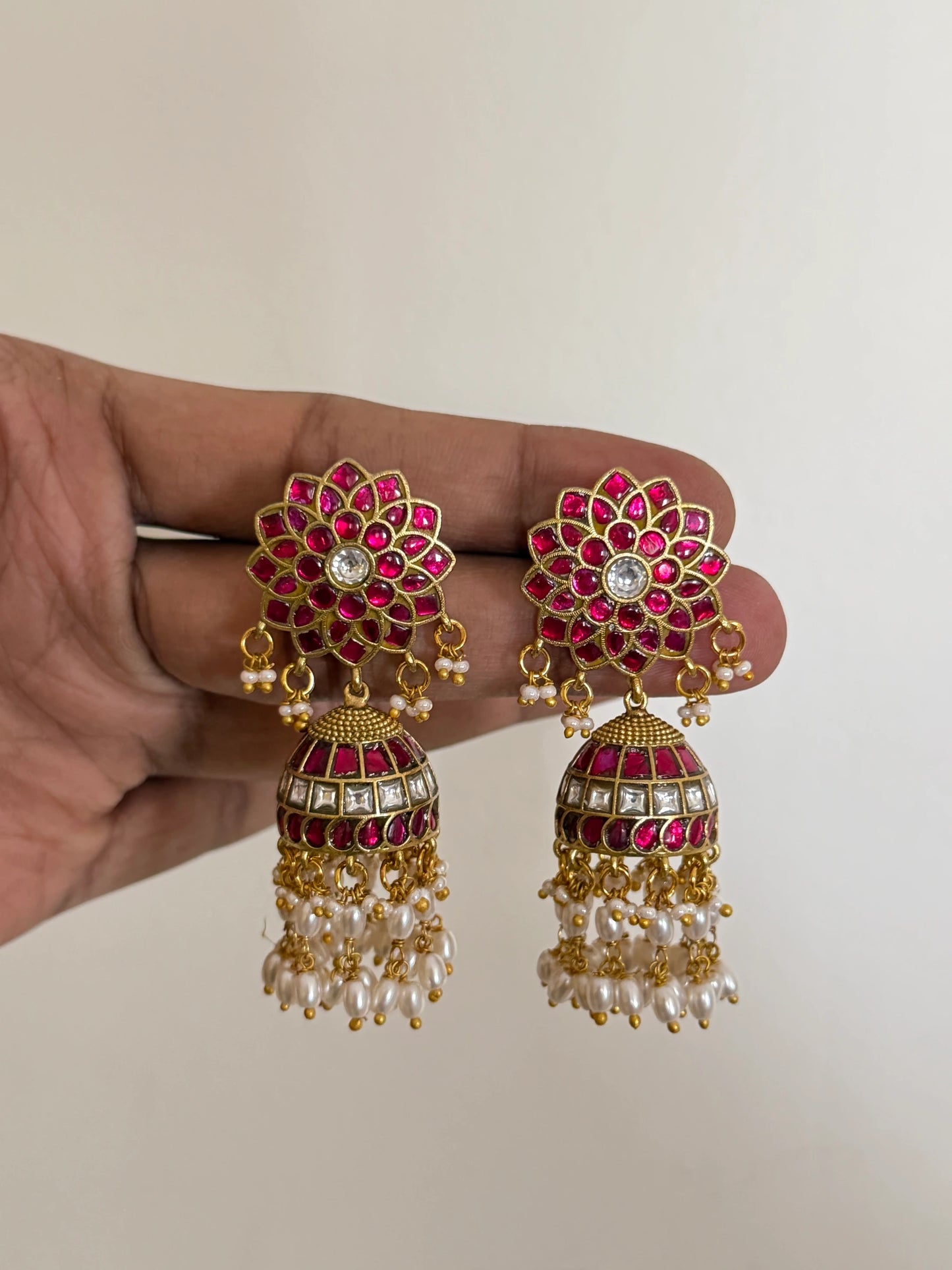 Jadau Kundan Jhumka Earrings with Pearl Drops