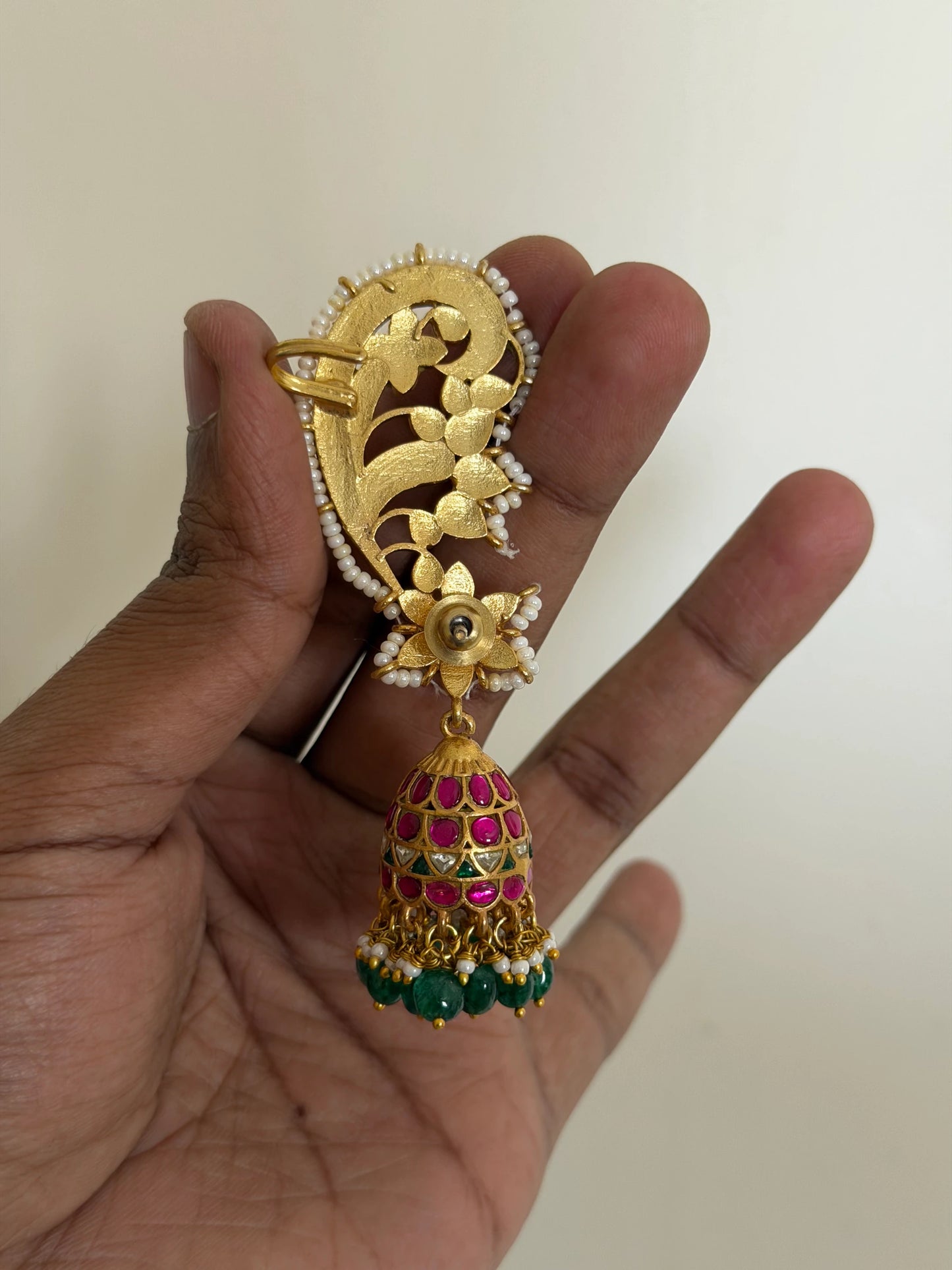 Jadau Kundan Earcuff Jhumka Earrings with Green Drops