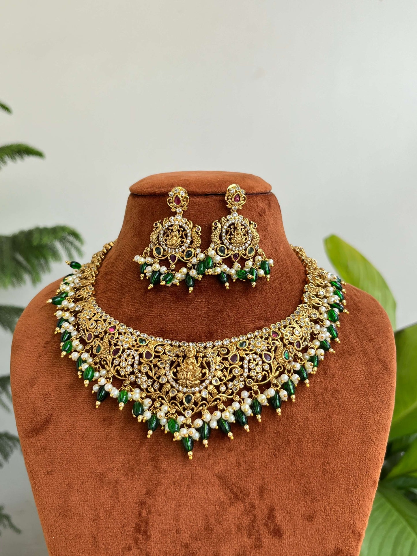 Semi-Bridal Temple Short Necklace with Lakshmi Motif, Kundan Stones & Green Beads