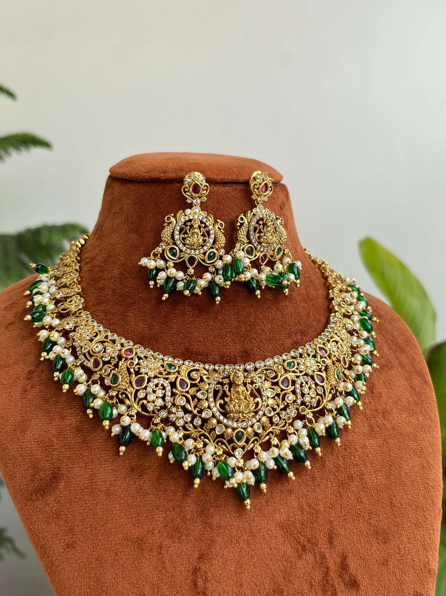 Semi-Bridal Temple Short Necklace with Lakshmi Motif, Kundan Stones & Green Beads