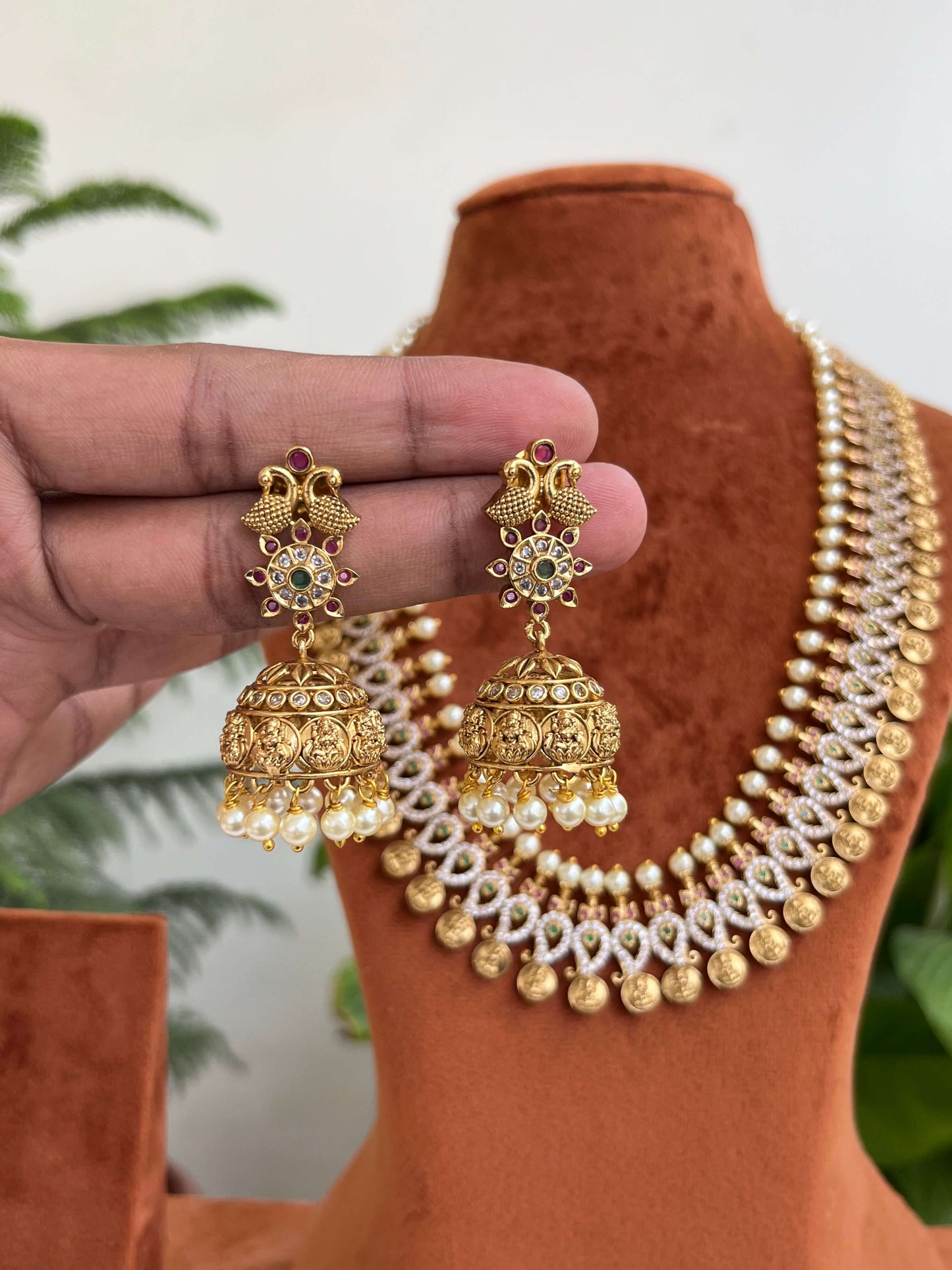 Nakshi Polish Mango Leaf Lakshmi Devi Coin Haram cum Vaddanam with Pearls & Jhumkas