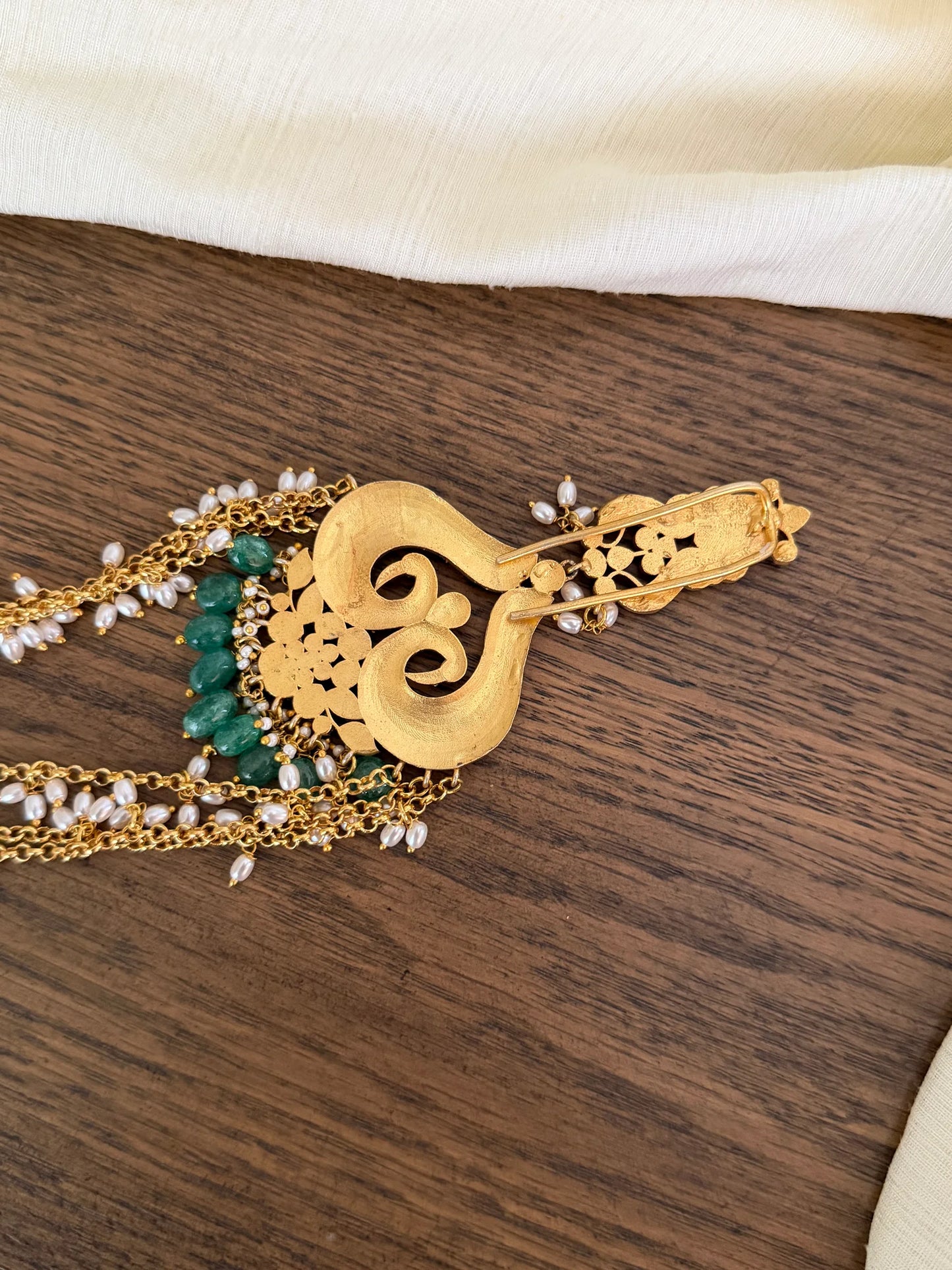 Jadau Kundan Hair accessory with pearl chain & green drops