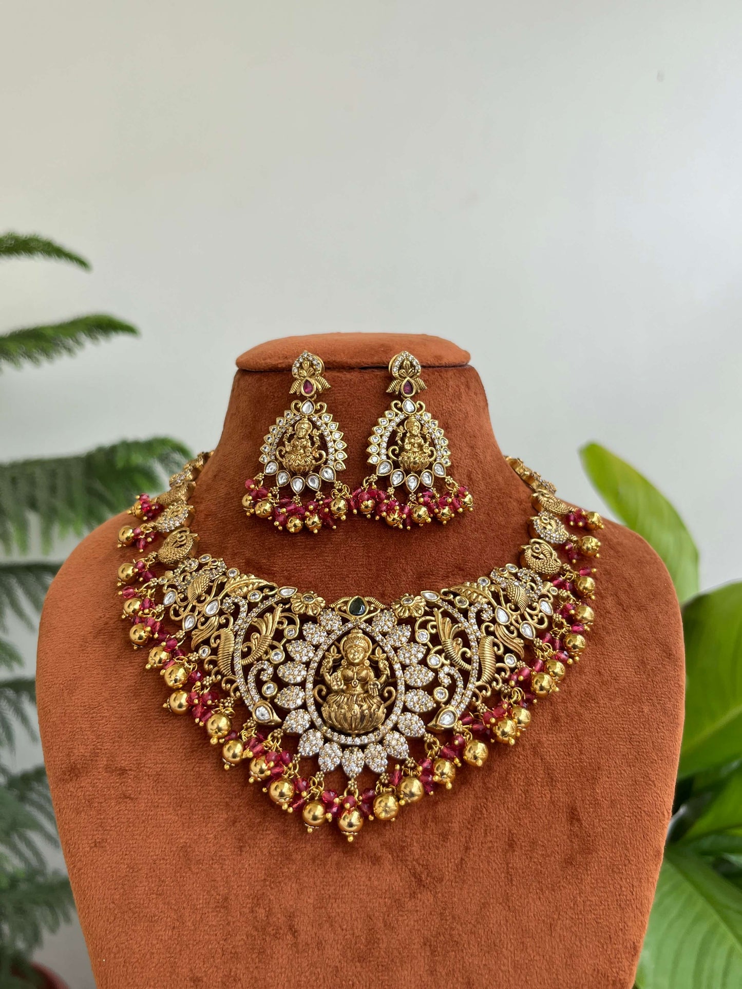 Bridal & Semi-Bridal Short Temple Necklace with Lakshmi Motif | Pink & Green Variants