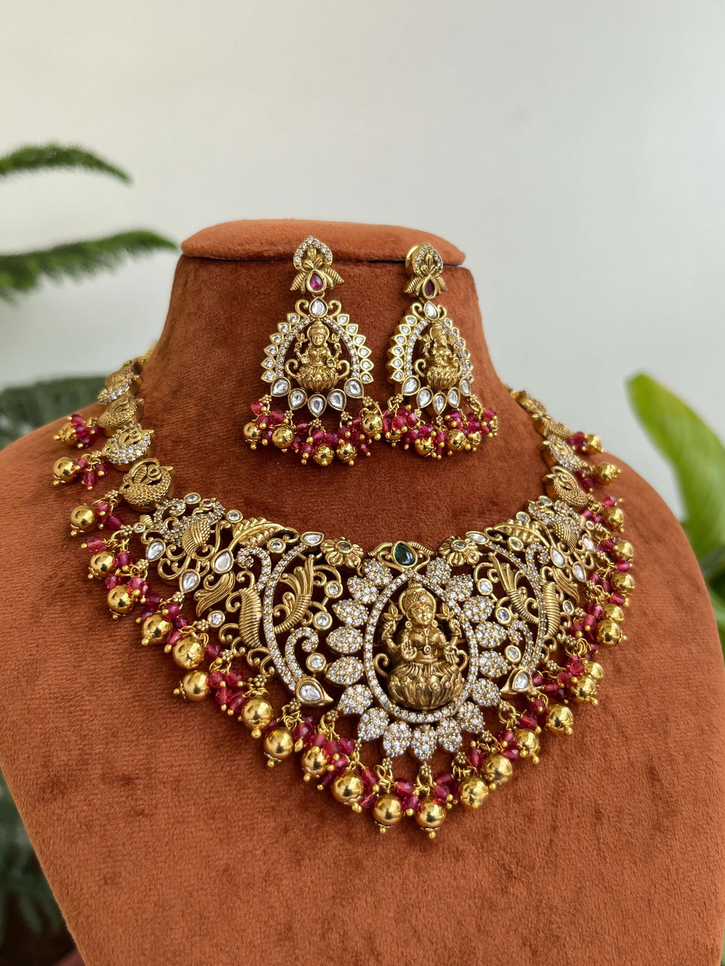 Bridal & Semi-Bridal Short Temple Necklace with Lakshmi Motif | Pink & Green Variants
