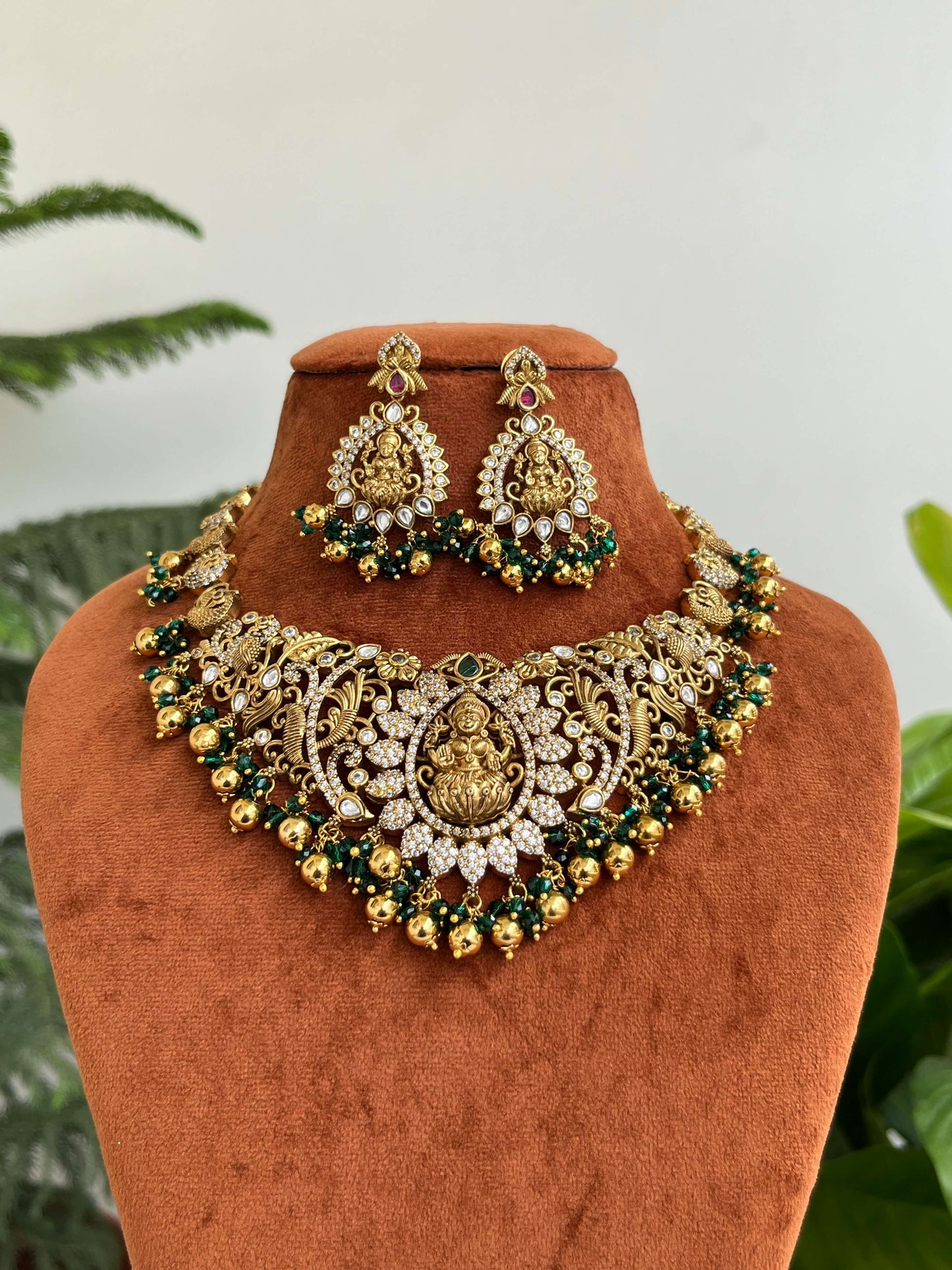 Bridal & Semi-Bridal Short Temple Necklace with Lakshmi Motif | Pink & Green Variants