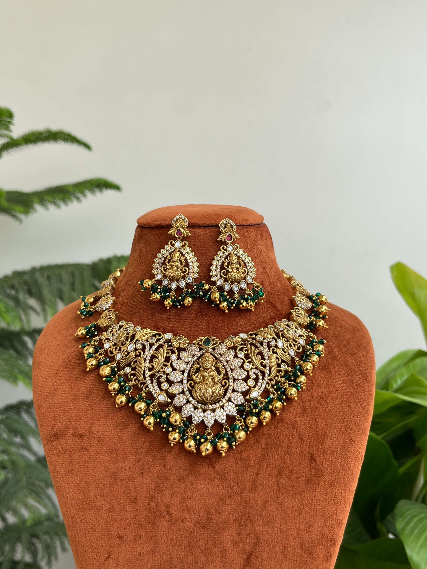 Bridal & Semi-Bridal Short Temple Necklace with Lakshmi Motif | Pink & Green Variants