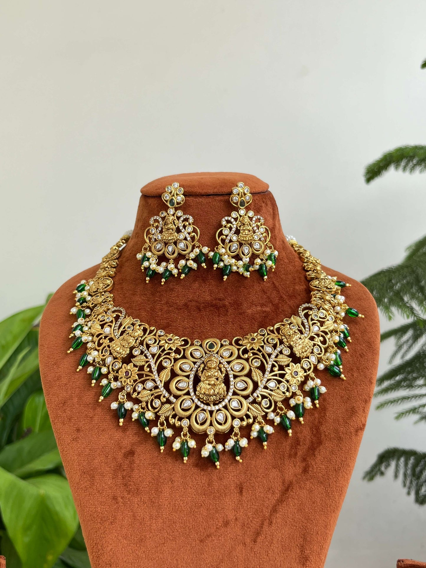 Bridal Short Temple Necklace with Lakshmi Devi Pendant & Peacock Design | Antique Gold