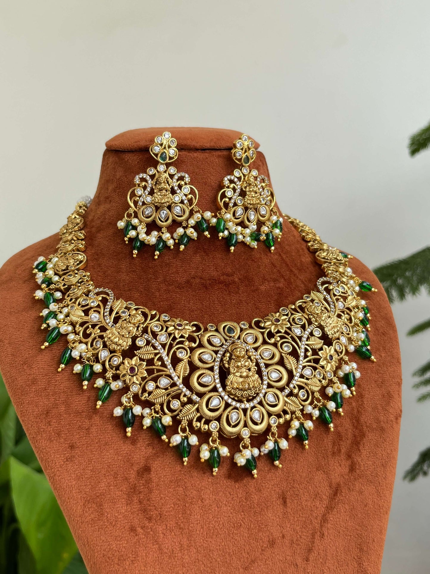 Bridal Short Temple Necklace with Lakshmi Devi Pendant & Peacock Design | Antique Gold