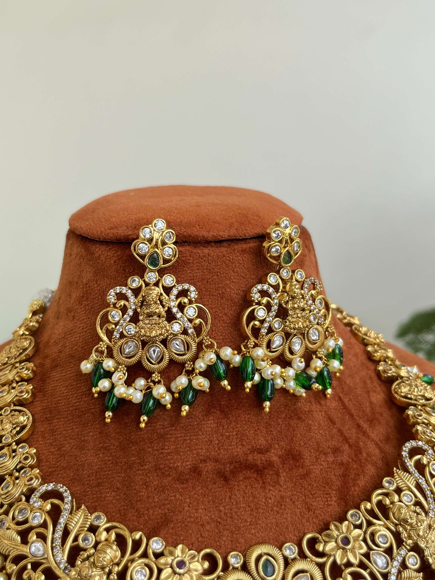 Bridal Short Temple Necklace with Lakshmi Devi Pendant & Peacock Design | Antique Gold