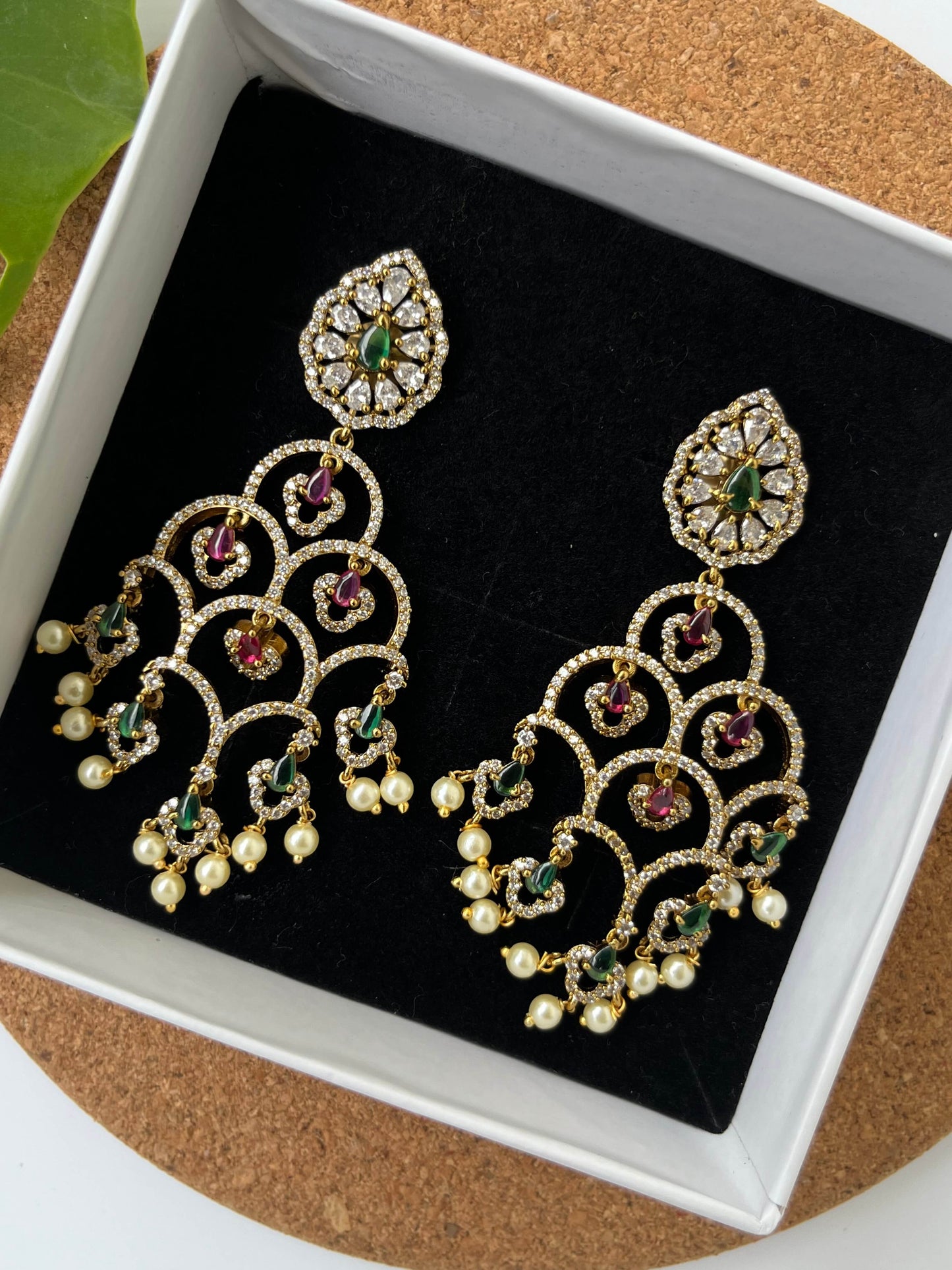 Studded Step Dangler Earrings with Emerald & Ruby Accents
