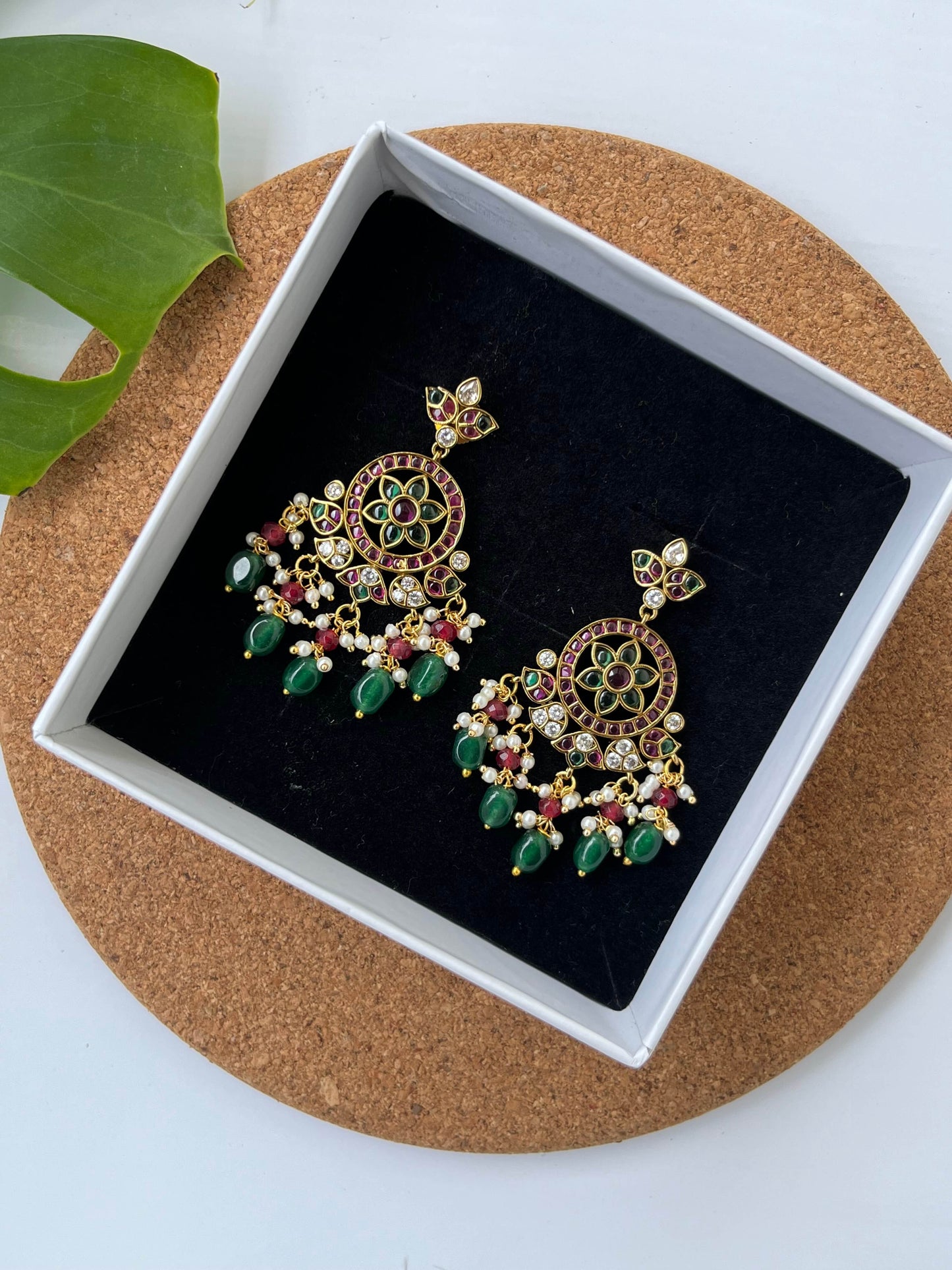 Kemp Dangler Earrings with Green & Ruby Stones and Green Bead Drops