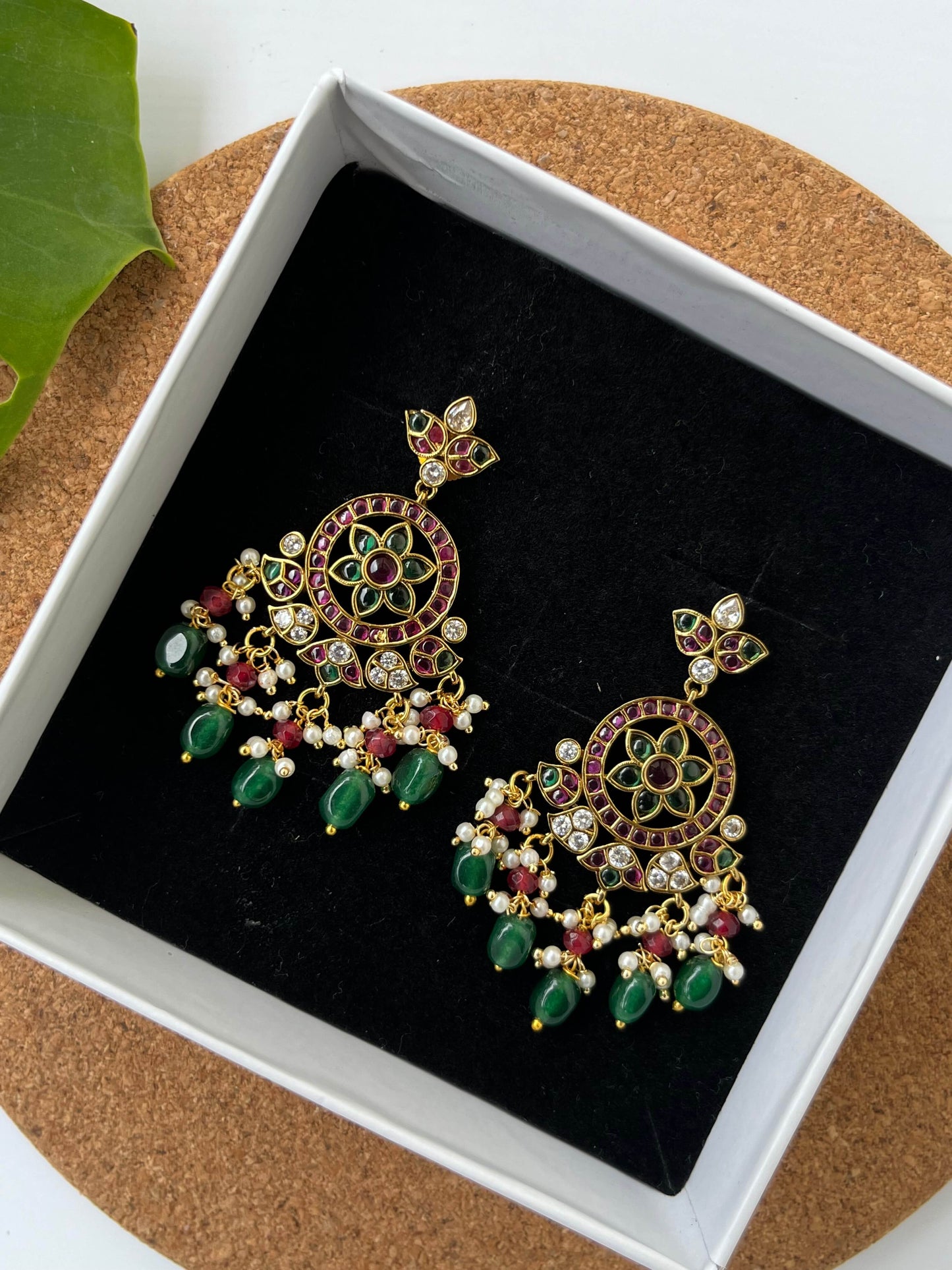 Kemp Dangler Earrings with Green & Ruby Stones and Green Bead Drops
